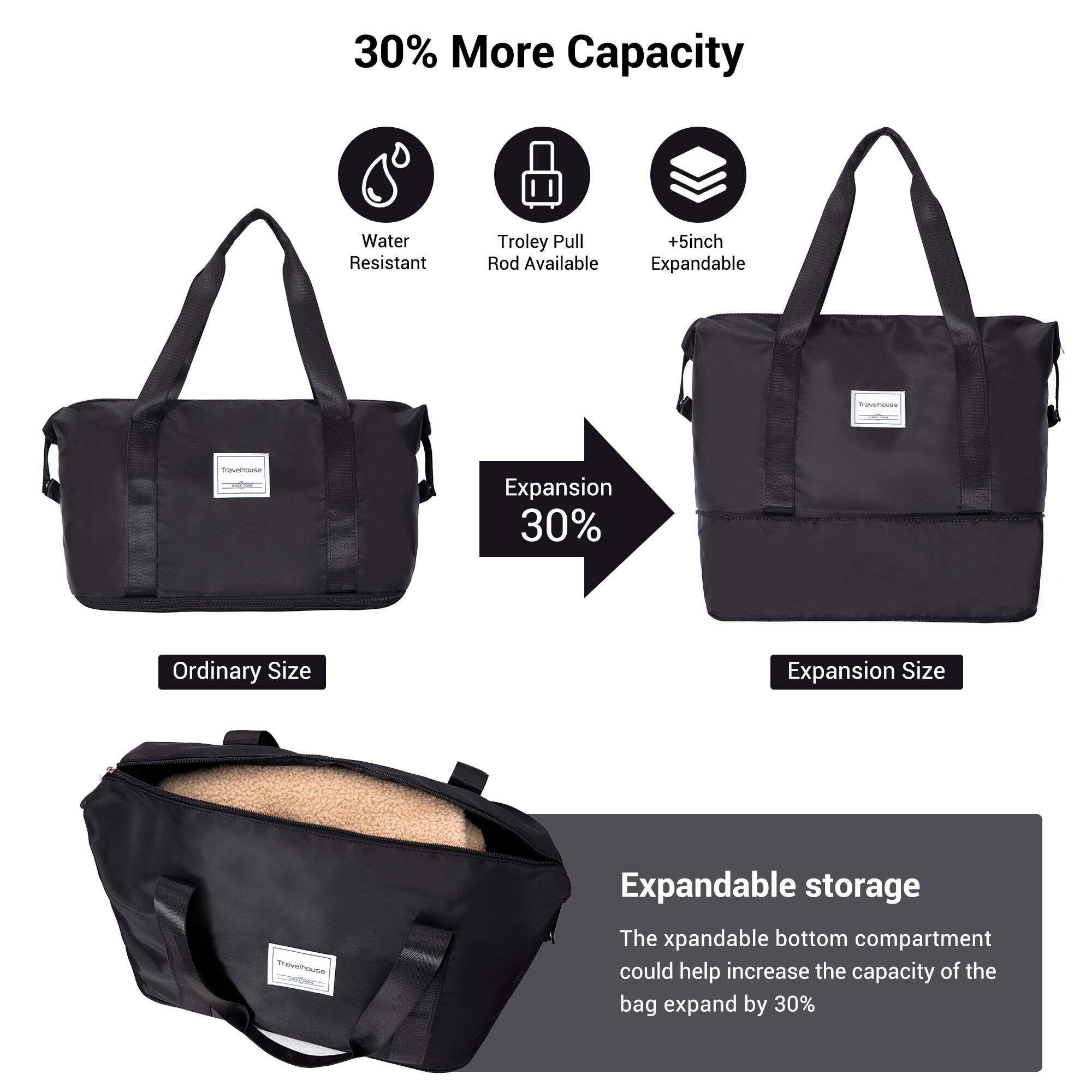 30% More Capacity

Water Resistant

Trolley Pull Rod Available

+5inch Expandable

Expansion 30%

Ordinary Size

Expansion Size

Expandable storage

The expandable bottom compartment could help increase the capacity of the bag expand by 30%