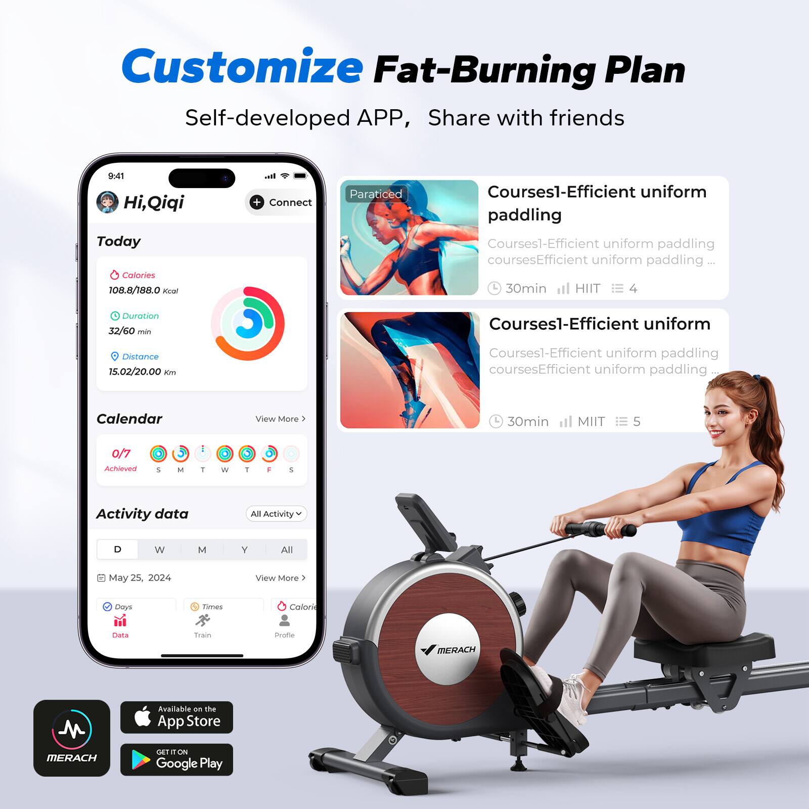 Customize Fat-Burning Plan  
Self-developed APP, Share with friends  

Hi, Qiqi  
Today  
Calories 108.8/188.0 Kcal  
Duration 32/60 min  
Distance 15.02/20.00 km  

Calendar  
0/7 Achieved  

Activity data  
All Activity  
May 25, 2024  
Days Times Calorie  
Data Train Profile  

Participated  
Courses1-Efficient uniform paddling  
Courses1-Efficient uniform paddling courses  
30min HIIT 4  

Courses1-Efficient uniform  
Courses1-Efficient uniform paddling courses  
30min MIIT 5  

Available on the App Store  
GET IT ON Google Play  

MERACH