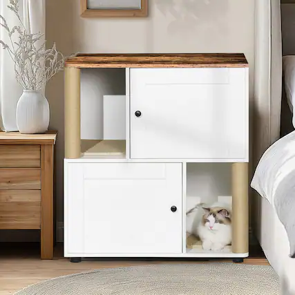 Front. Yardgrace - Double Cat Litter Box Cabinet with Shelf Holds Two Litter Boxes White and Vintage Finish - White.