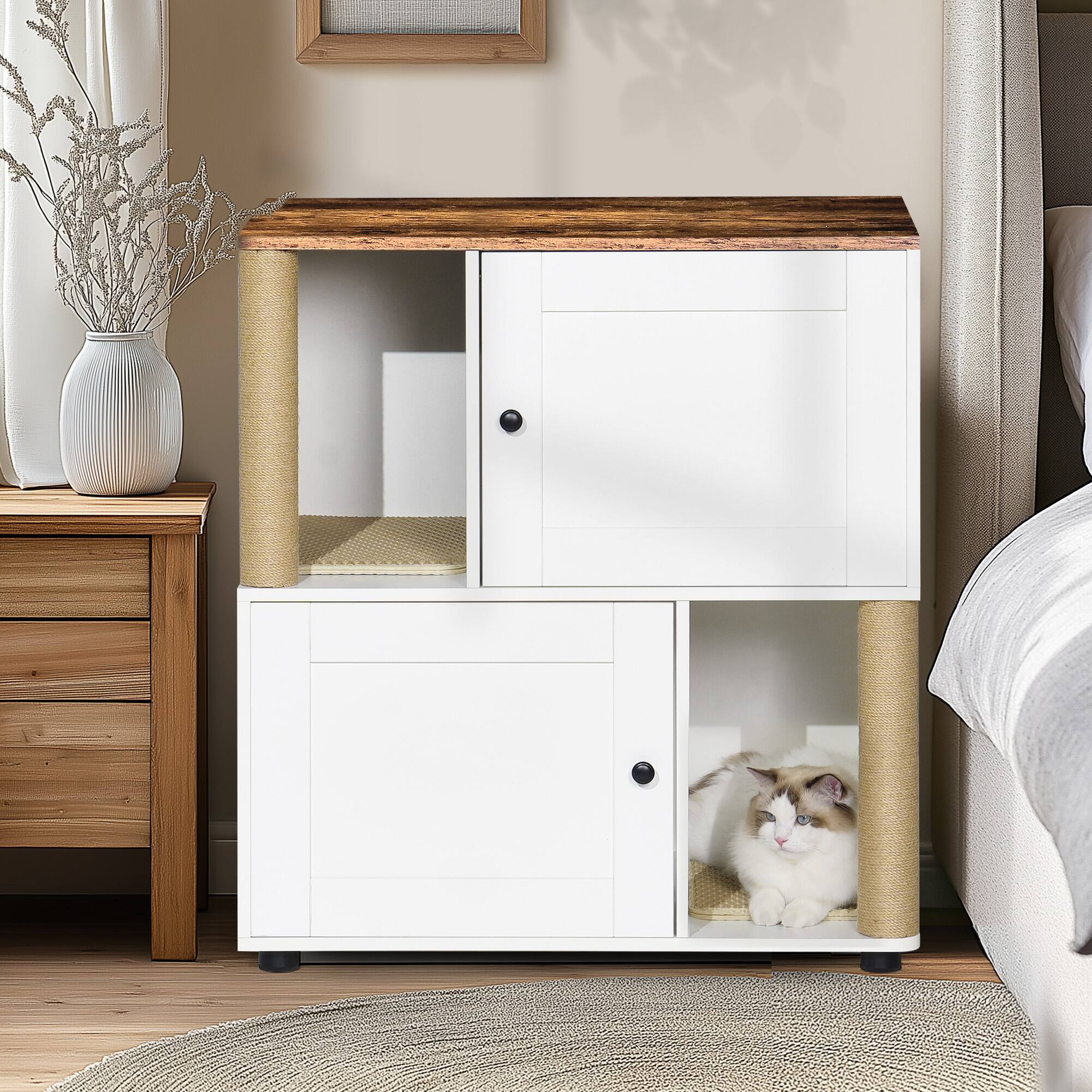 Front. Yardgrace - Double Cat Litter Box Cabinet with Shelf Holds Two Litter Boxes White and Vintage Finish - White.