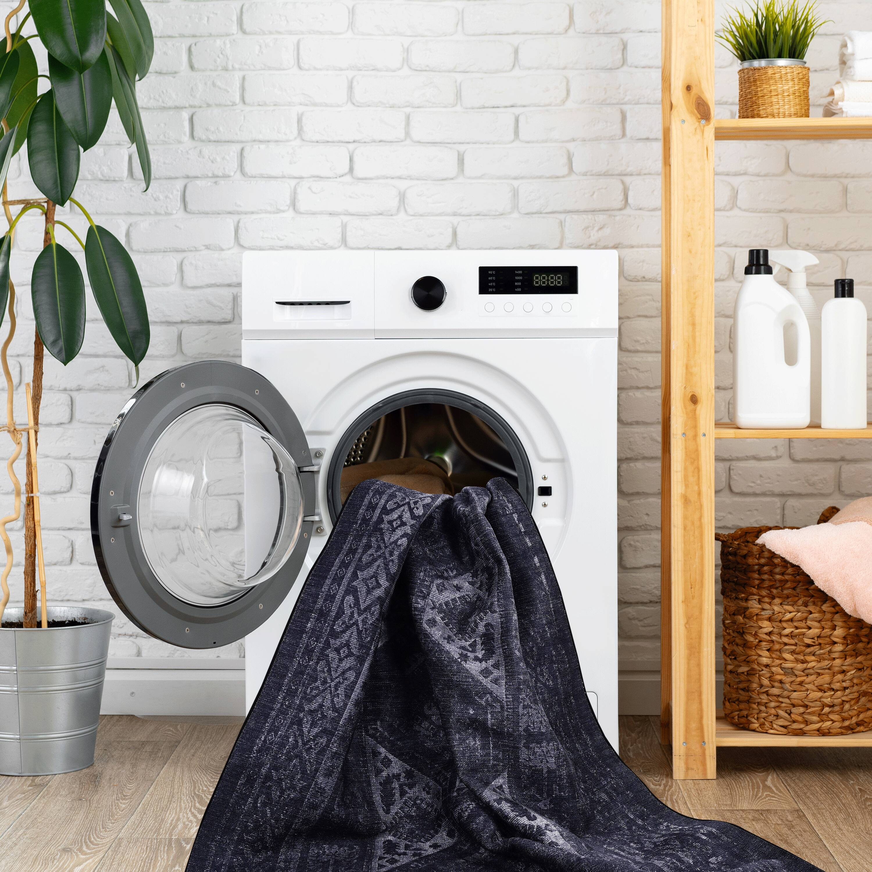 Back. APRILSOUL - Machine Washable 8x10 Boho Area Rug Super Soft Non Slip Stain Resistant Foldable - Black+ Gray.