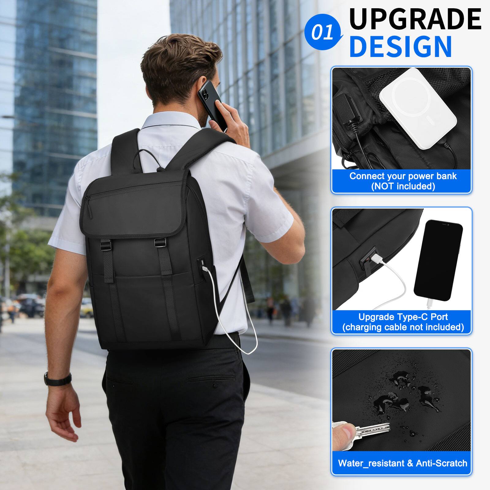UPGRADE 01 DESIGN

Connect your power bank (NOT included)

Upgrade Type-C Port (charging cable not included)

Water resistant & Anti-Scratch