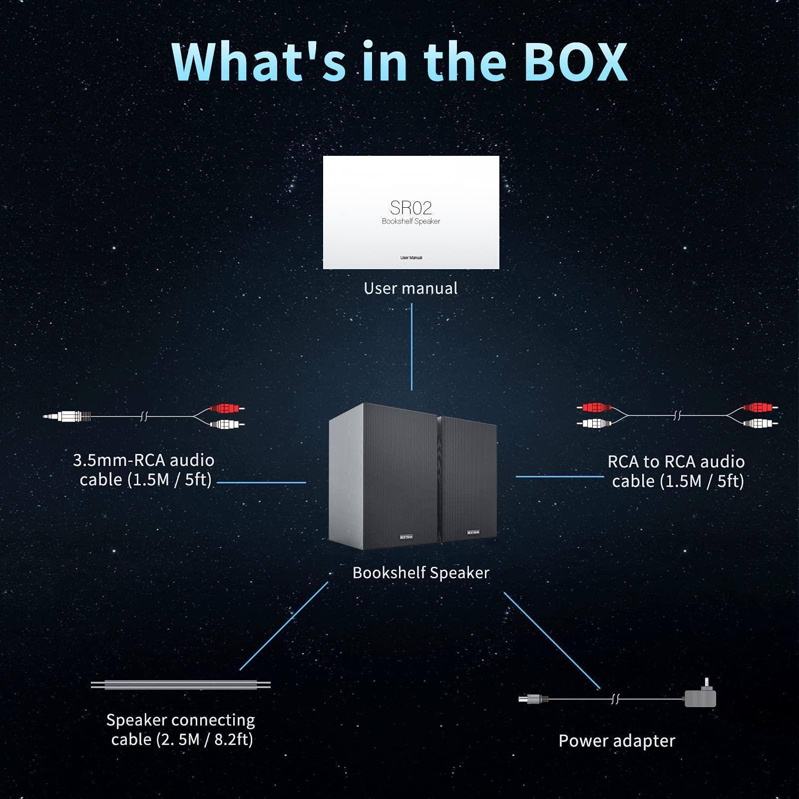 What's in the BOX

- User manual
- SRO2 Bookshelf Speaker
- 3.5mm-RCA audio cable (1.5M / 5ft)
- RCA to RCA audio cable (1.5M / 5ft)
- Speaker connecting cable (2.5M / 8.2ft)
- Power adapter