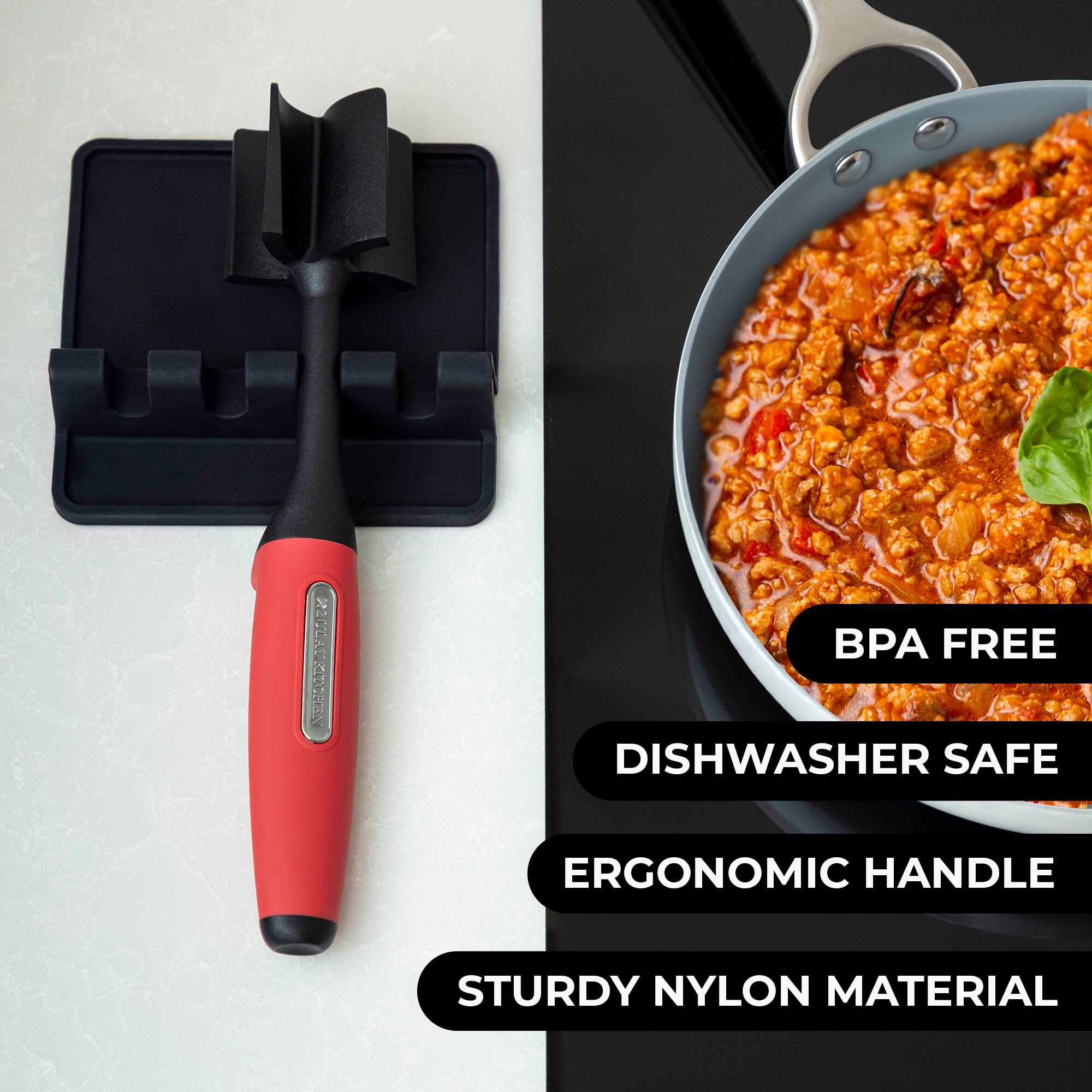 - BPA FREE
- DISHWASHER SAFE
- ERGONOMIC HANDLE
- STURDY NYLON MATERIAL