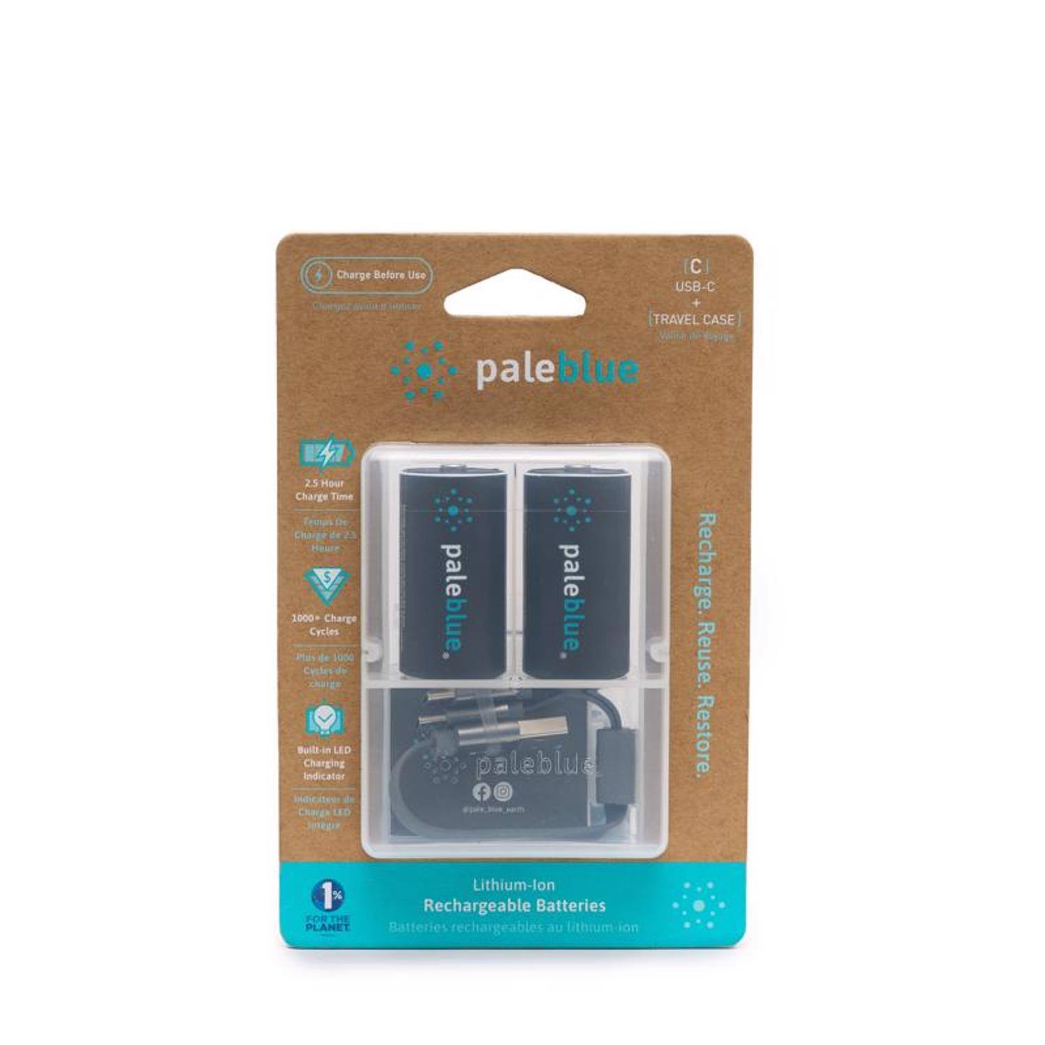 Before C Charge Use USB-C + TRAVEL CASE paleblue  
25 Hour Charge Time  
Temps Charge #23 Heure  
1000 Cycles Charge pale leblue  
pale leblue Recharge.  
Cycles do de 1000 Reuse.  
Indicator Charging LEO paleblue f Restore.  
LED Lithium-lon Rechargeable Batteries  
FOR THE PLANET  
Batteries rechargeables au lithium ion