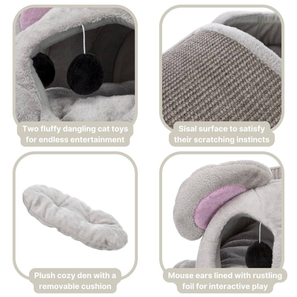 Two fluffy dangling cat toys for endless entertainment  
Sisal surface to satisfy their scratching instincts  
Plush cozy den with a removable cushion  
Mouse ears lined with rustling foil for interactive play