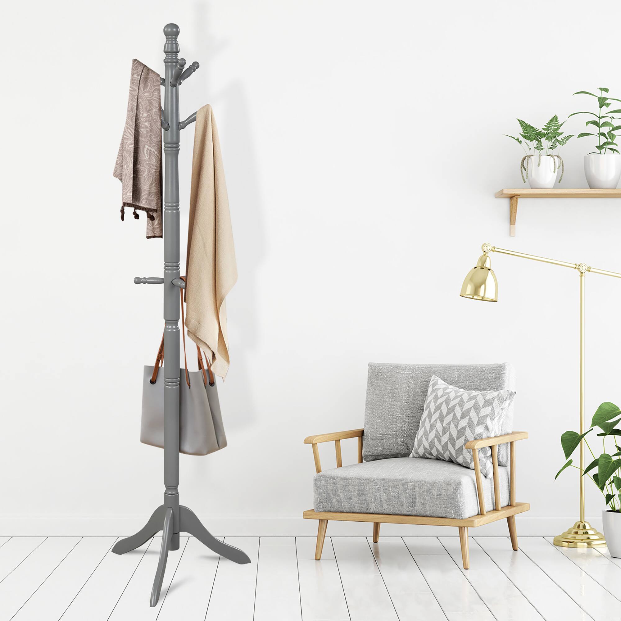 Alt View 1. Costway - Costway Free Standing Coat Rack Wooden Hall Tree 2 Adjustable Height w/ 9 Hooks - Grey.