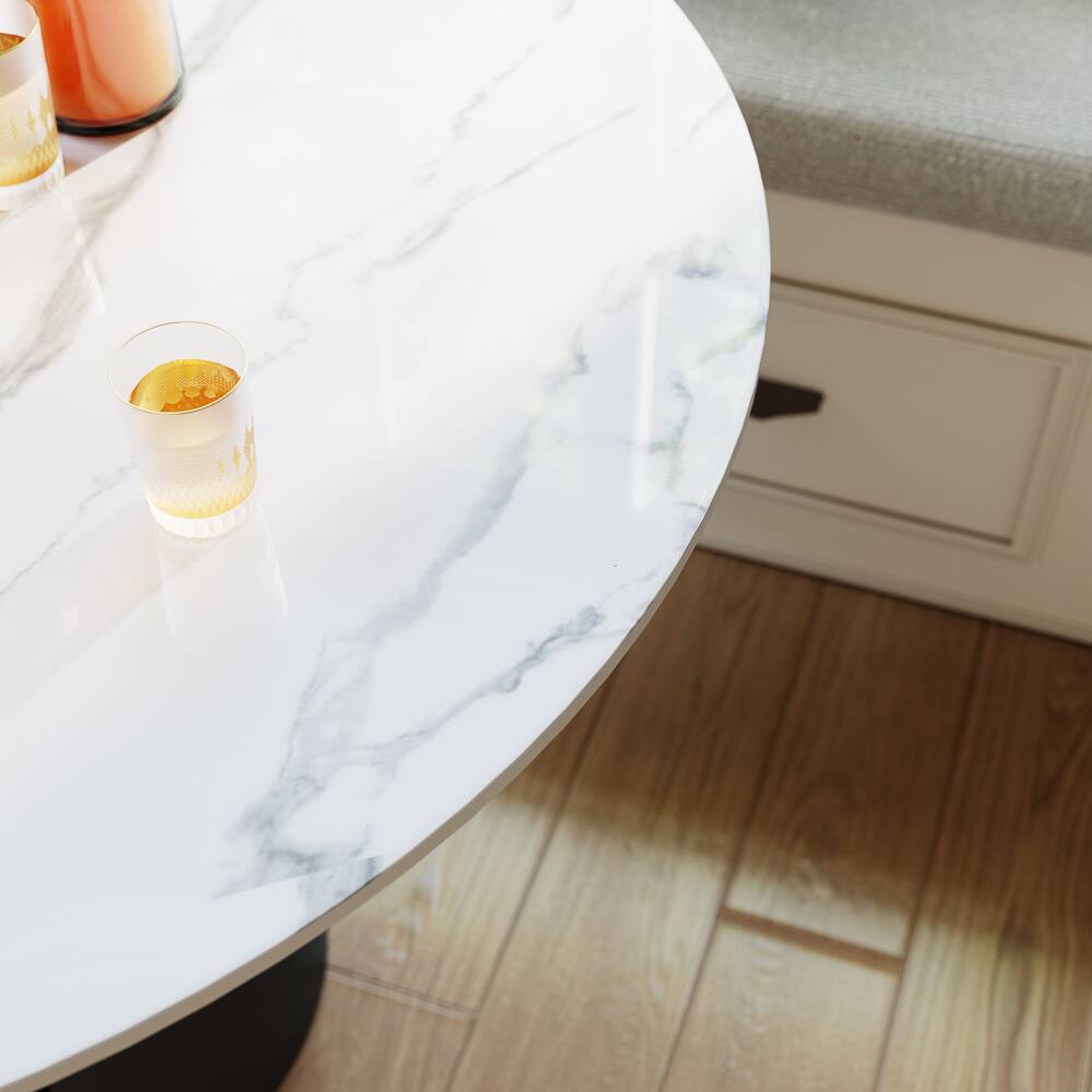 Back. POVISON - 35" Modern Bistro Table for Breakfast Nook & Compact Spaces, Glossy White Sintered Stone Top with Black Metal Base - White.