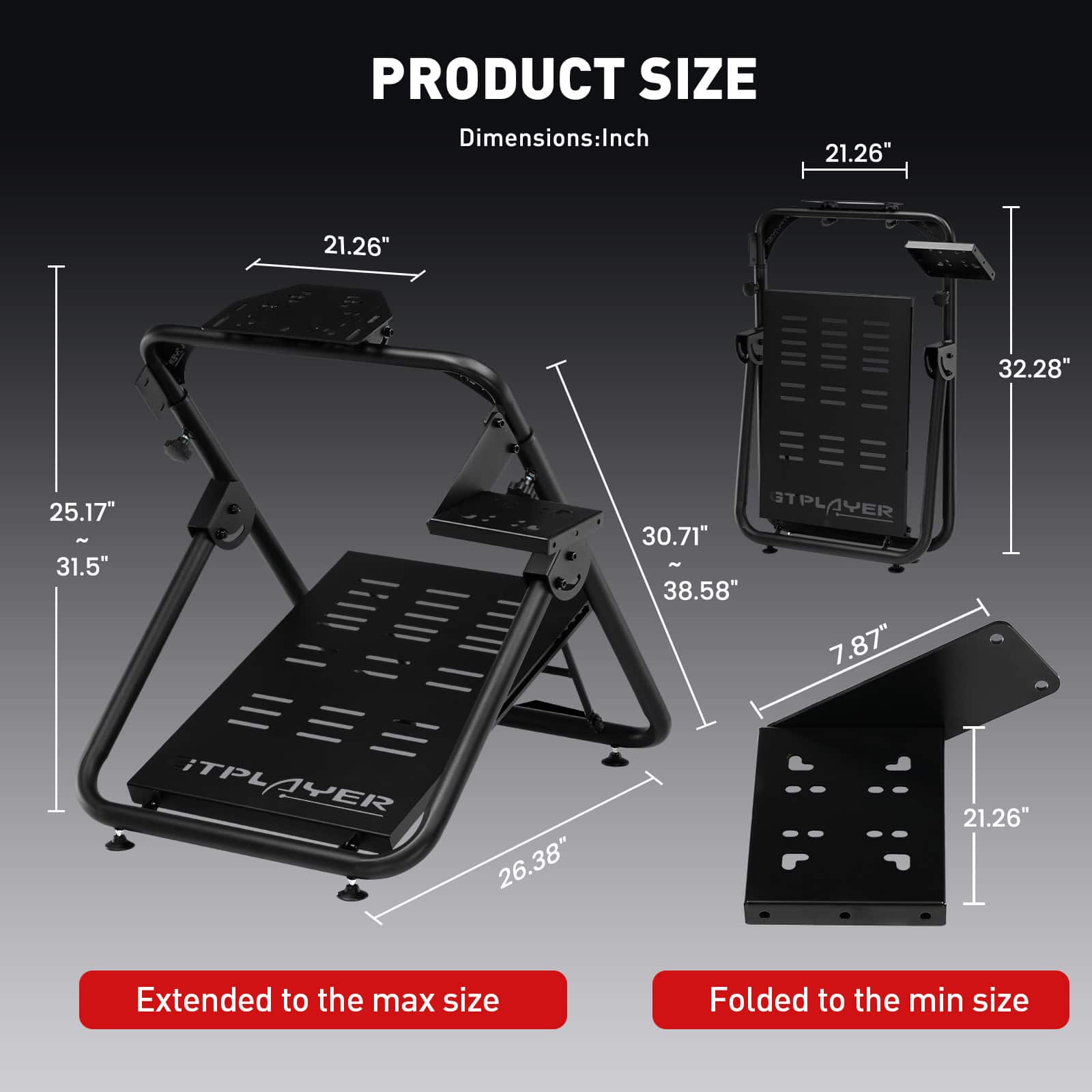 PRODUCT SIZE:
Dimensions: 21.26" x 21.26" x 32.28" x 25.17" - 31.5" x 30.71" - 38.58"
ST PL PLAYER:
Dimensions: 7.87" x 26.38"
iTPL 1YER:
Dimensions: 21.26" x 21.26"
Extended to the max size: 21.26" x 21.26" x 32.28" x 25.17"
Folded to the min size: 7.87" x 26.38"