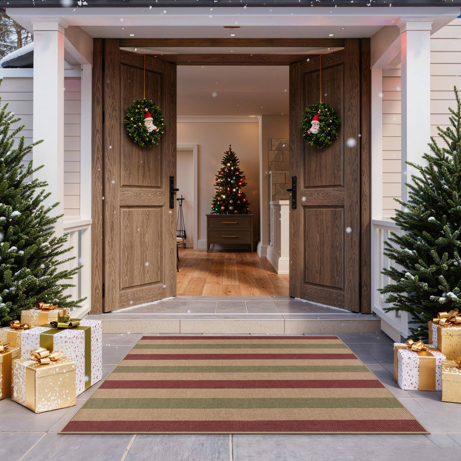 Alt View 5. Fabibe - 3X5 RED GREEN Easy Care Jute Indoor Outdoor LAHOME CHRISTMAS OUTDOOR CHRISTMAS DECORATIONS FOR PORCH ENTRYWAY FRONT - Christmas Striped-1 2’5'' X 8’.