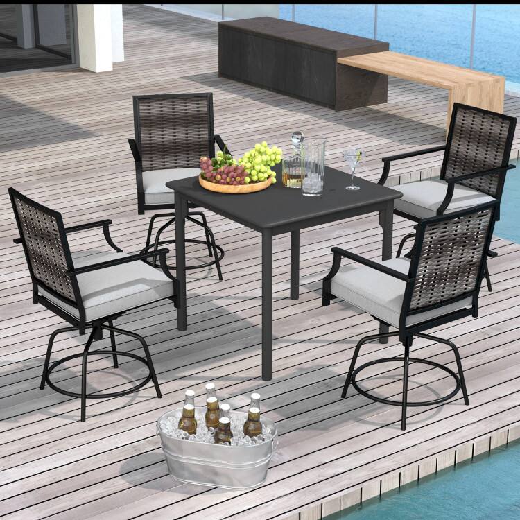 Back. Mondawe - Set of 2 Outdoor PE Wicker Swivel Bar Stools with Back - Gray.
