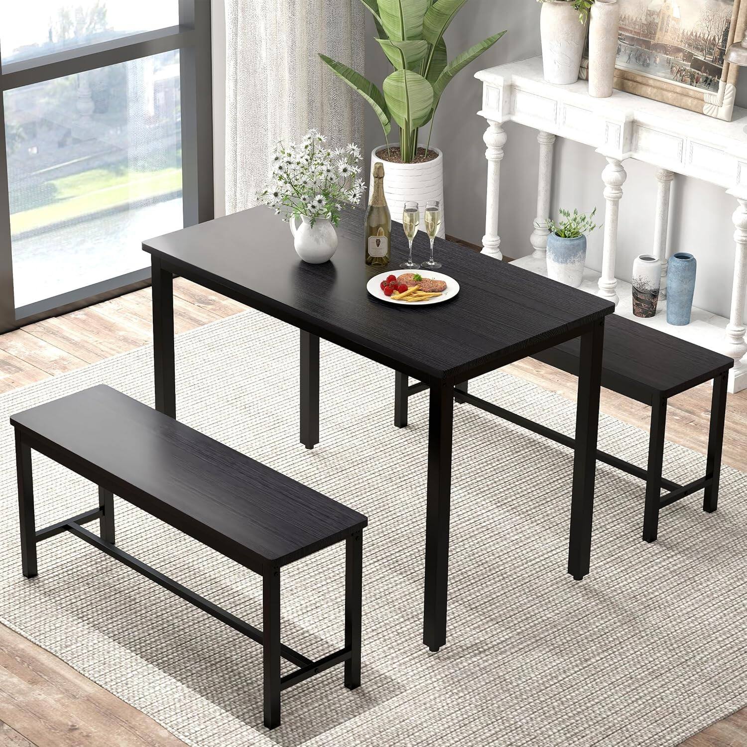 Angle. Anysun - Sturdy Durable Dining Table Set for 4 with Bench – Easy to Assemble Kitchen Table with Bench, Space-Saving 4-Person Set - Black.