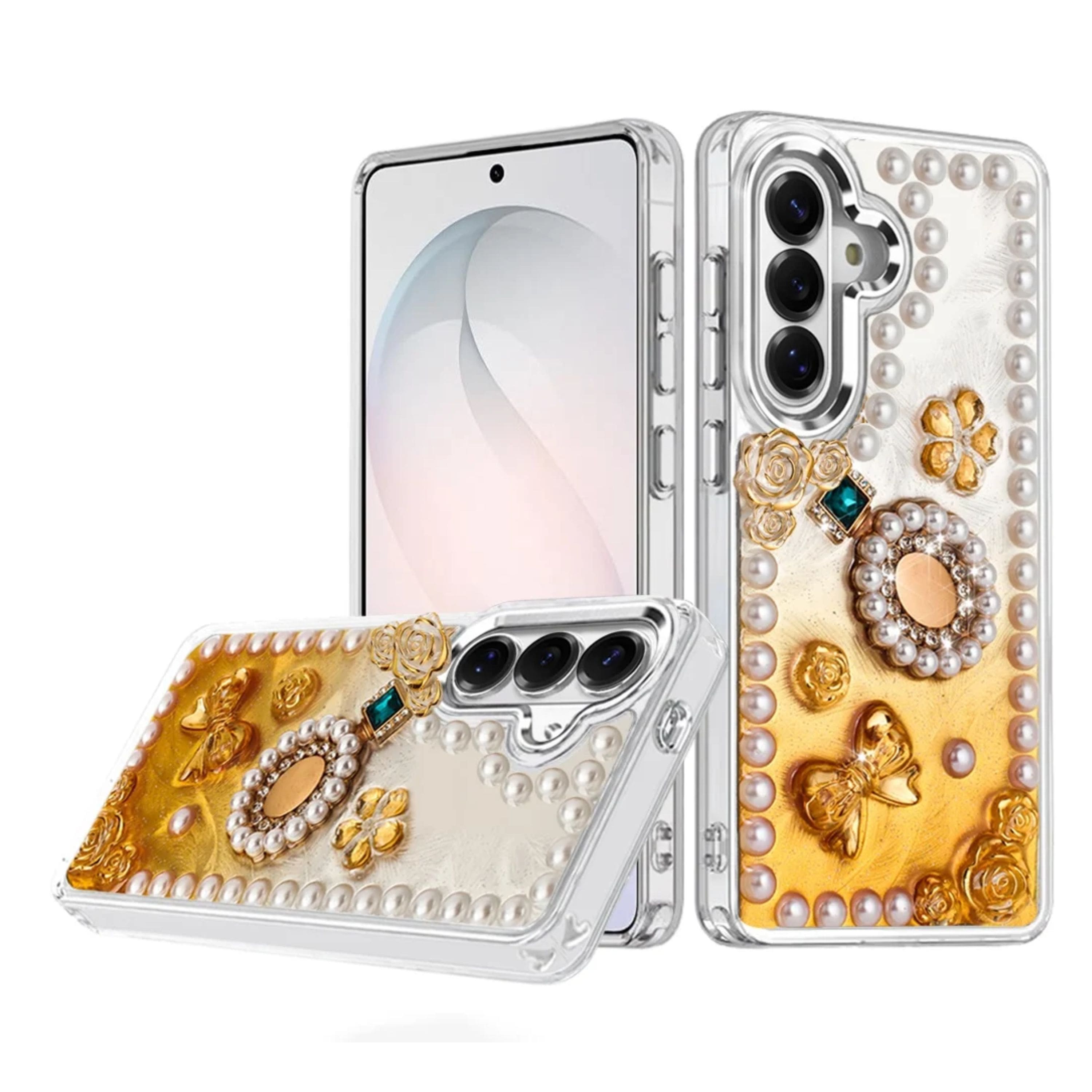 Kitcheniva - Floral Faux Pearl Trim 3D Charms Phone Case With Tempered Glass For Samsung S26 - Multicolor price history on PriceWatchPro