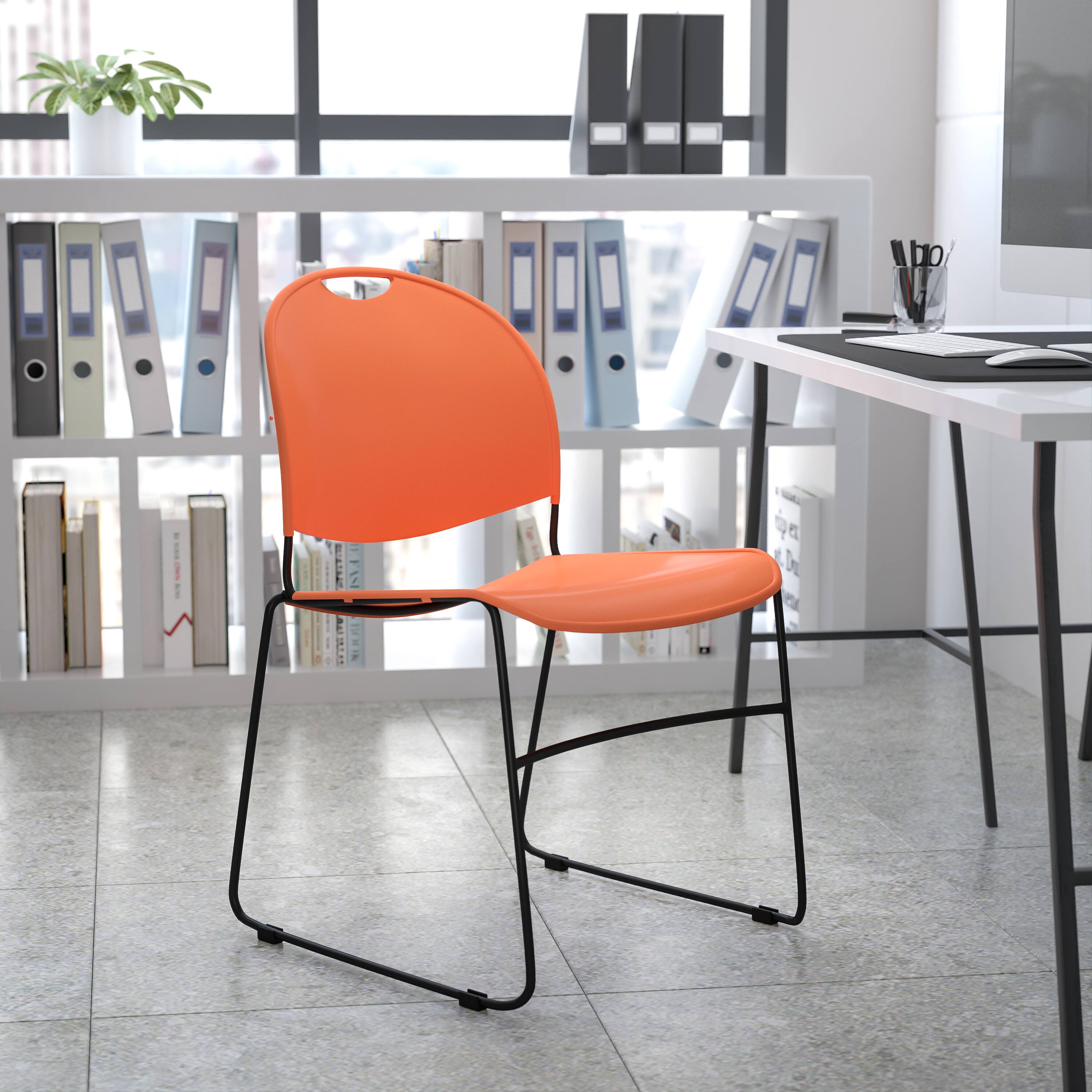 Alt View 1. Emma + Oliver - Ultra-Compact School Stack Chair - Office Guest Chair/Student Chair - Orange Plastic/Black Frame.