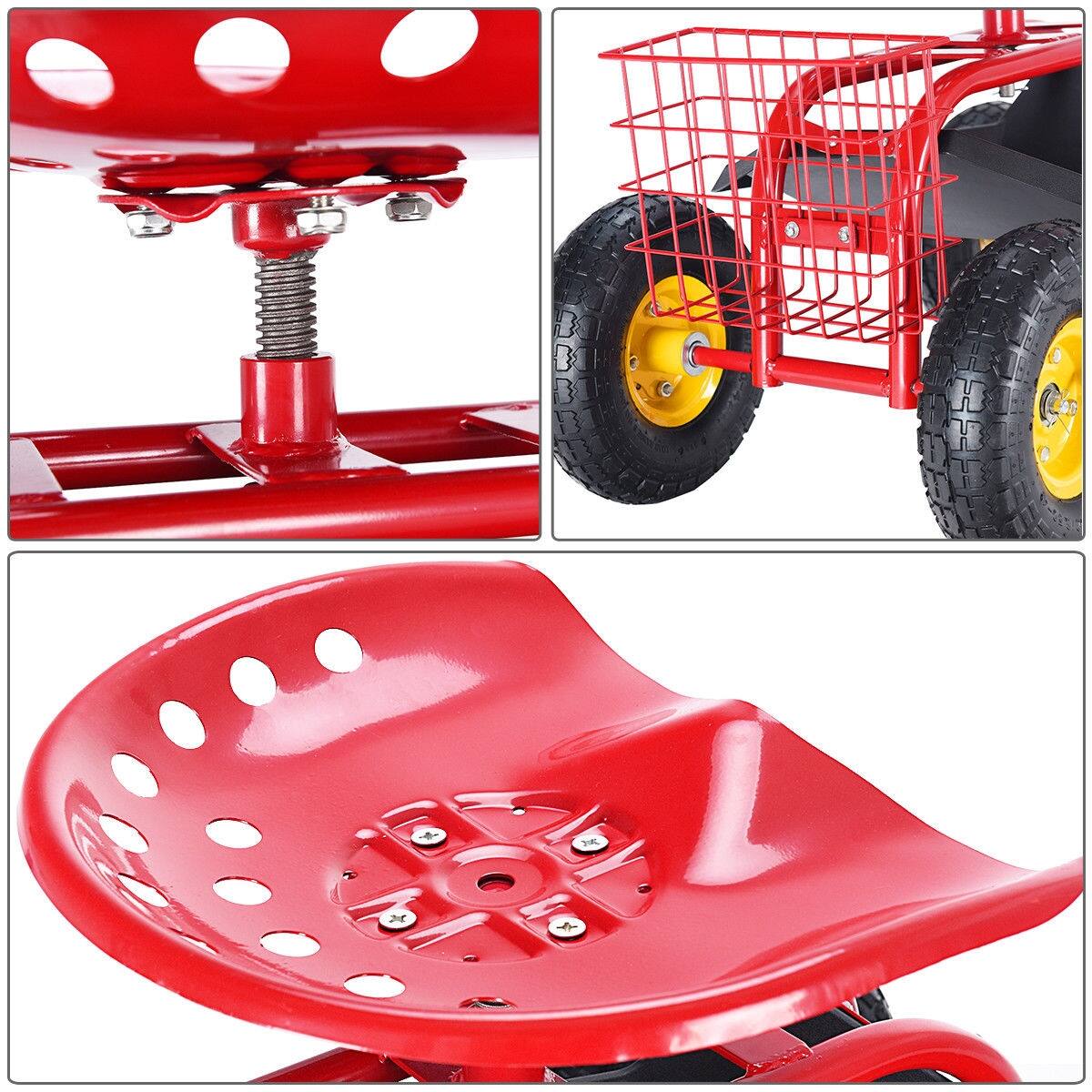 Left. SKONYON - Rolling Garden Work Seat with Tool Tray and Large Pneumatic Wheels - Red.
