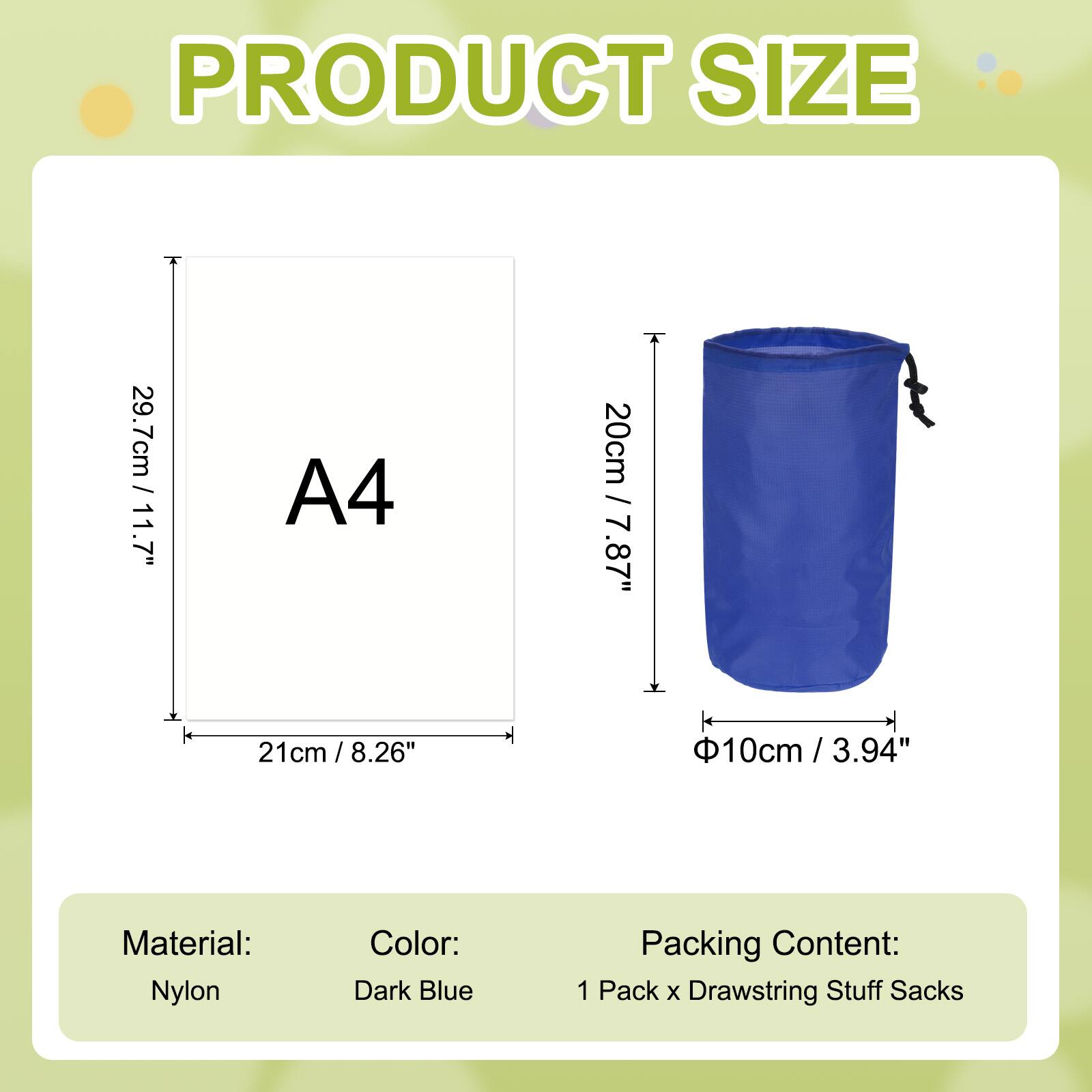 PRODUCT SIZE

A4  
29.7cm / 11.7"  
21cm / 8.26"  
20cm / 7.87"  
10cm / 3.94"

Material: Nylon  
Color: Dark Blue  
Packing Content: 1 Pack x Drawstring Stuff Sacks