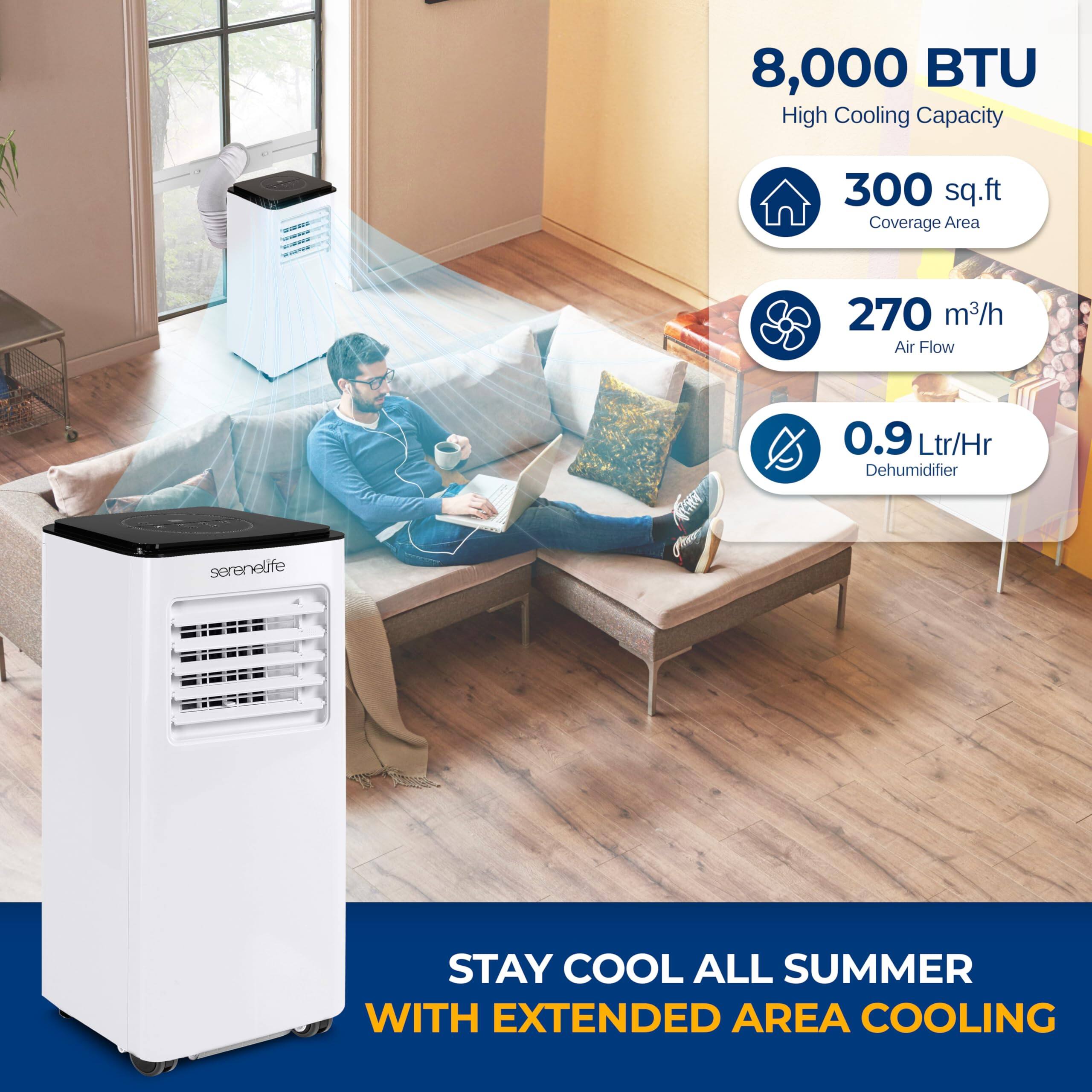 8,000 BTU High Cooling Capacity  
300 sq.ft Coverage Area  
270 m³/h Air Flow  
0.9 Ltr/Hr Dehumidifier  

serenelife  

STAY COOL ALL SUMMER WITH EXTENDED AREA COOLING