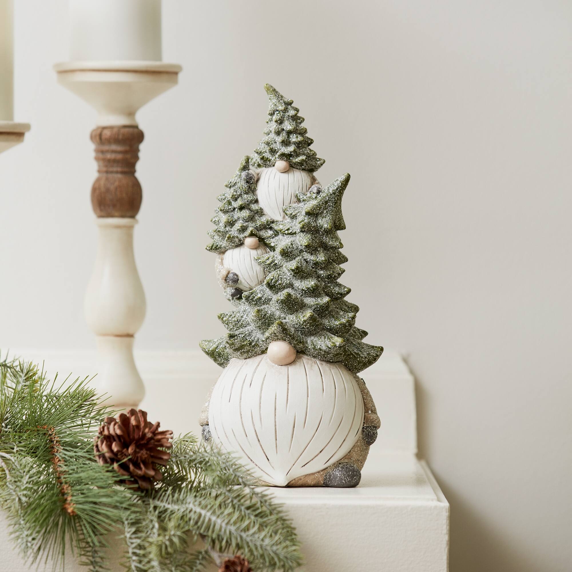 Angle. BreeBe - Stone Holiday Gnome Stack with Pine Tree Hat (Set of 2) - Green, White.