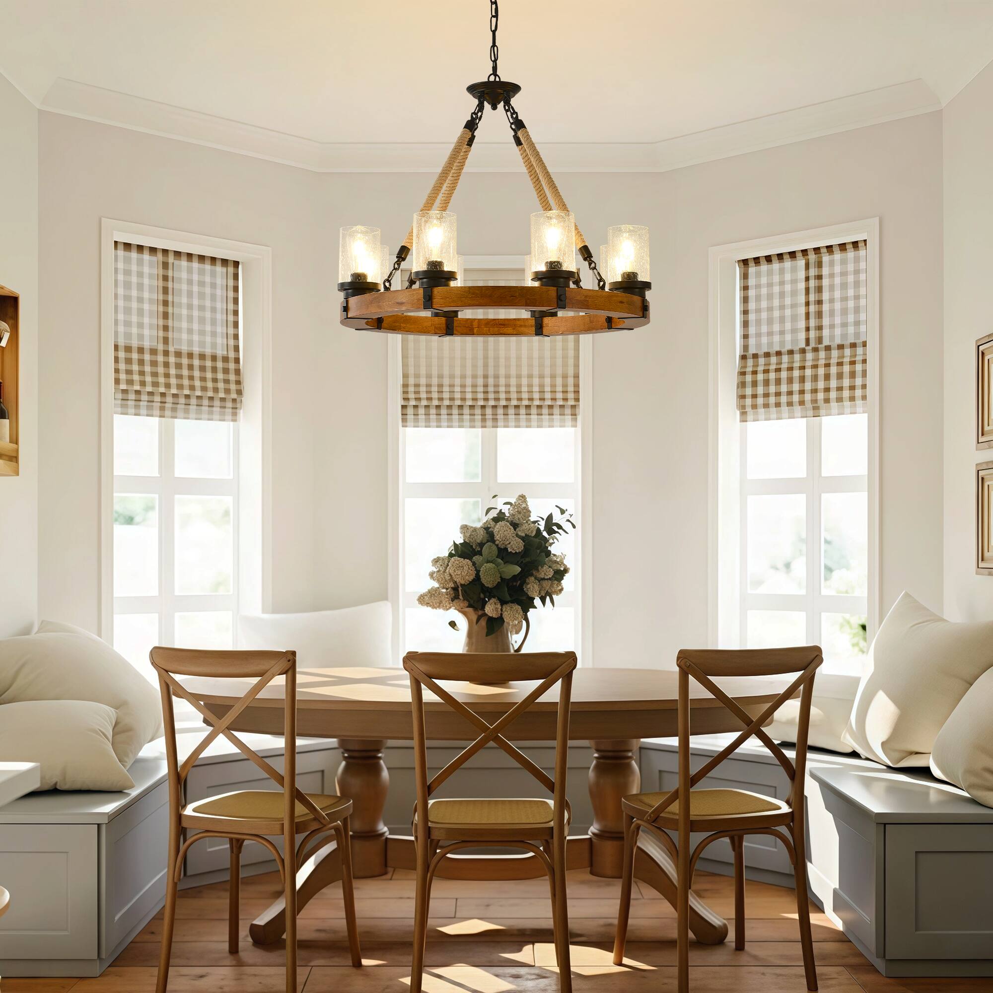 Alt View 1. RYHNUYNE - 8 Light Rustic Wagon Wheel Chandelier,Farmhouse Dining Room Light Fixture with Seeded Glass Shade,Round Wood Chandelier - Brown.