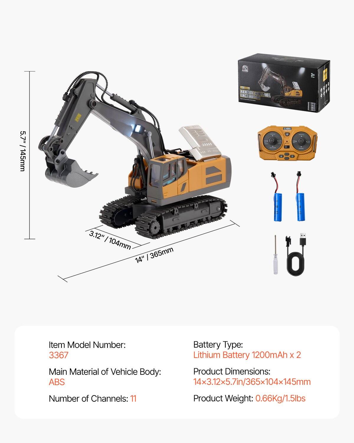 - Item Model Number: 3367
- Main Material of Vehicle Body: ABS
- Number of Channels: 11
- Battery Type: Lithium Battery 1200mAh x 2
- Product Dimensions: 14x3.12x5.7in/365x104x145mm
- Product Weight: 0.66Kg/1.5lbs