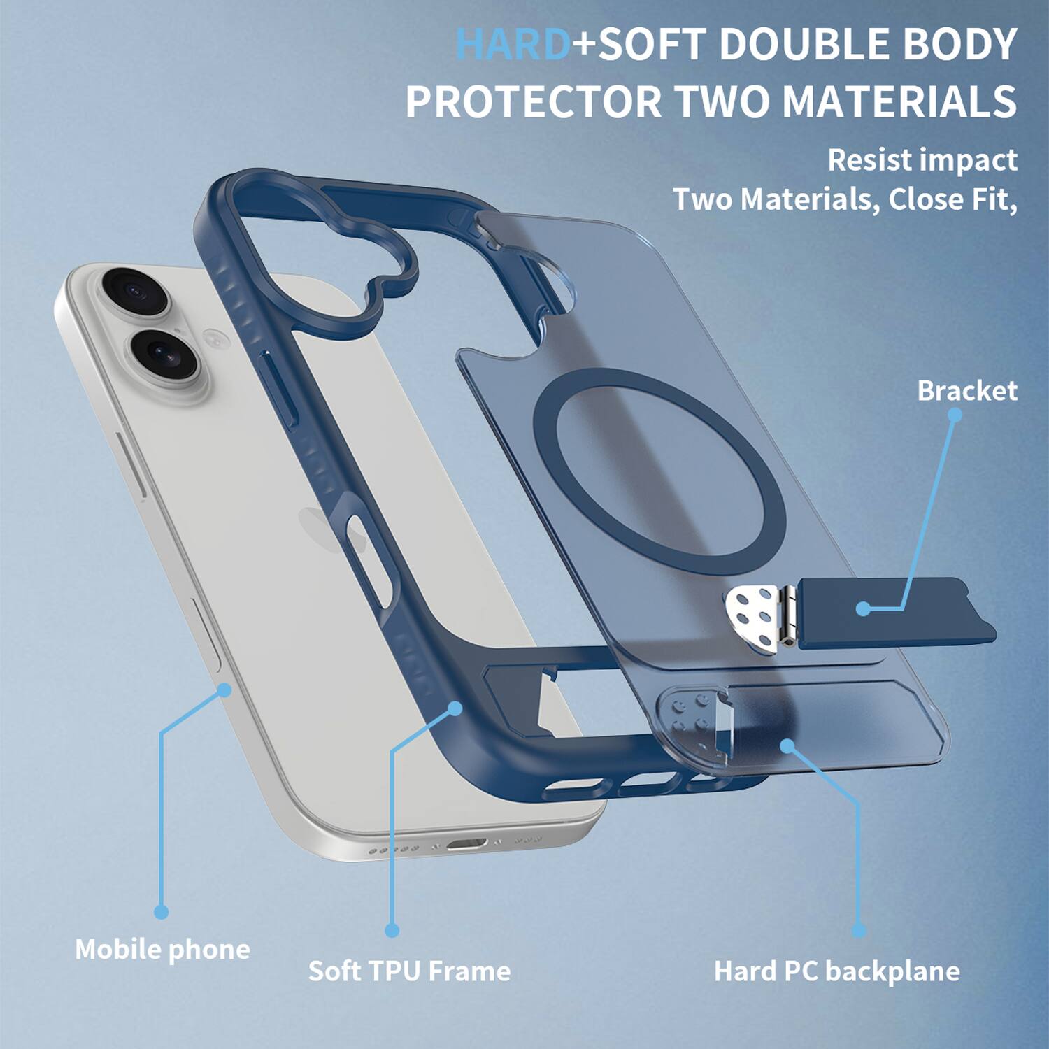 HARD+SOFT DOUBLE BODY PROTECTOR TWO MATERIALS  
Resist impact  
Two Materials, Close Fit,  
Bracket  
Mobile phone  
Soft TPU Frame  
Hard PC backplane
