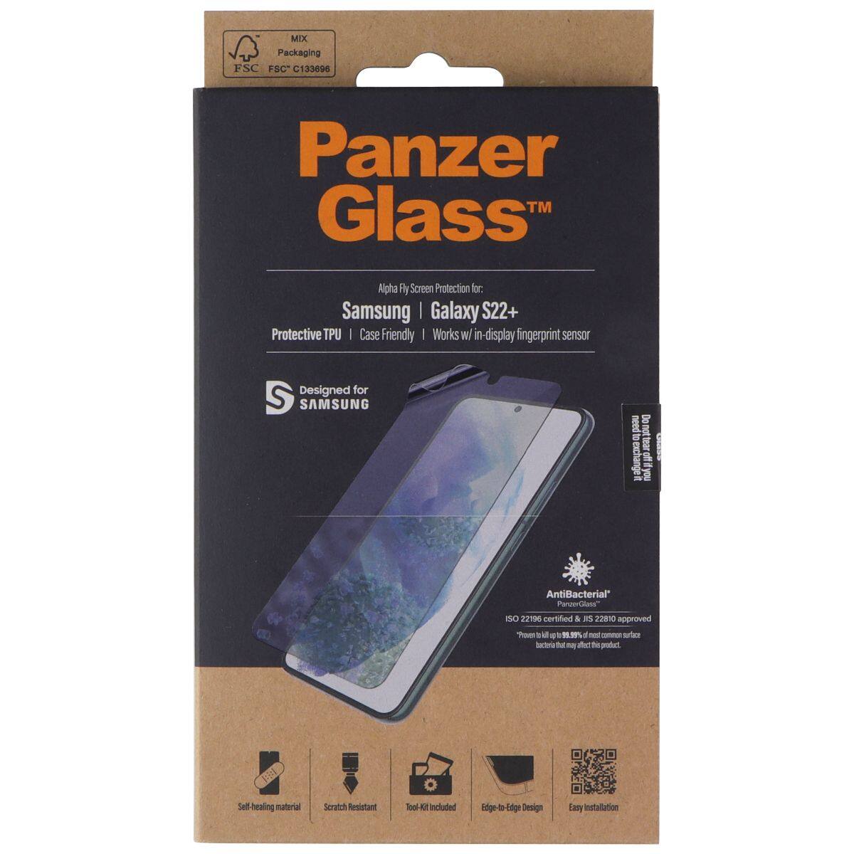 MIX Packaging FSC C133696  
Panzer Glass™  
Alpha Fly Screen Protection for:  
Samsung Galaxy S22+  
Protective TPU | Case Friendly | Works with in-display fingerprint sensor  
Designed for SAMSUNG  

AntiBacterial*  
PanzerGlass™  
ISO 22196 certified & ISO 22810 approved  
*Proven to kill up to 99.9% of the most common bacteria. Bacteria may not affect this product.  

Self-healing material  
Scratch Resistant  
Tool-Rut Included  
Edge-to-Edge Design  
Easy Installation