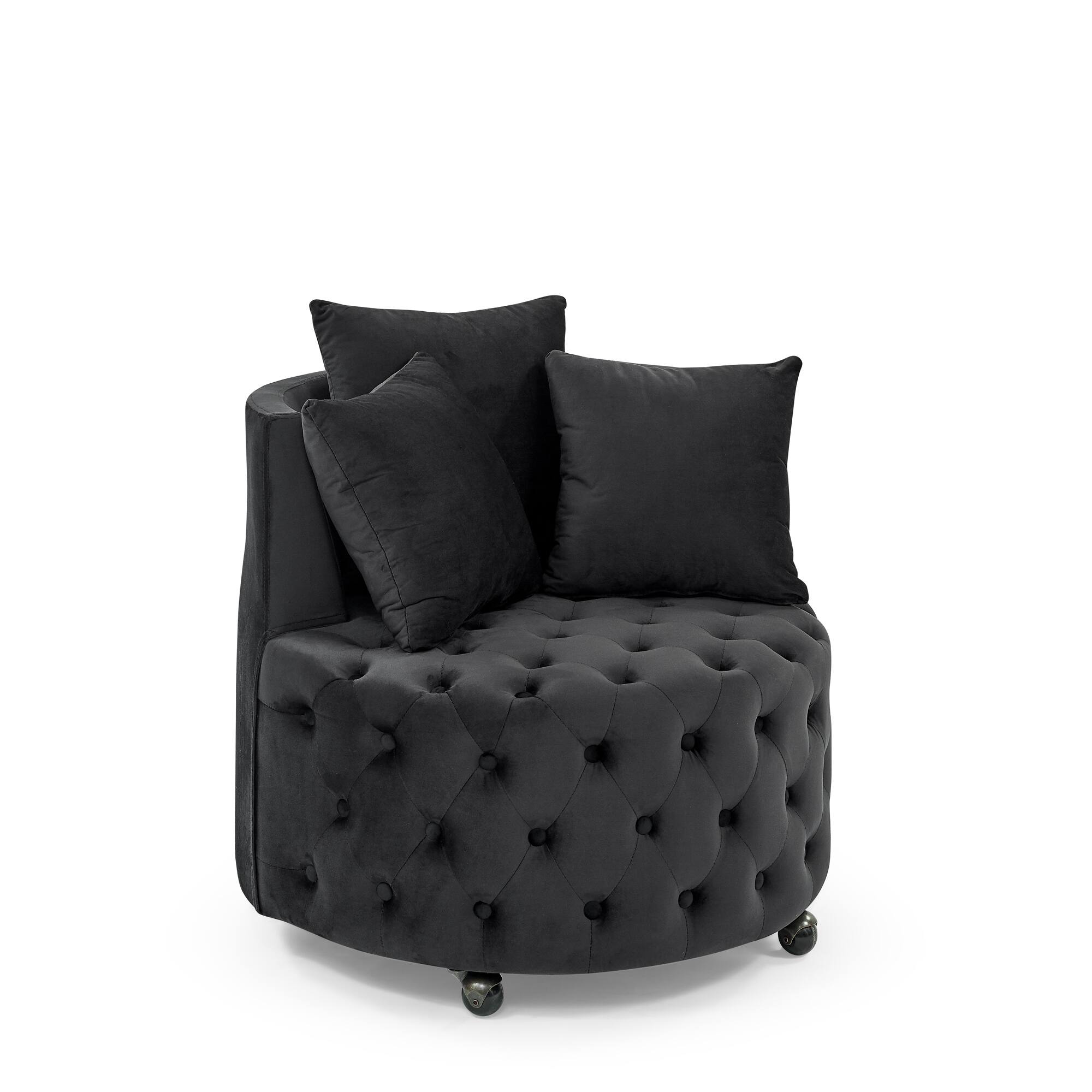Alt View 2. Trinkets Crazed - Velvet Upholstered Swivel Chair for Living Room, with Button Tufted Design and Movable Wheels, Including 3 Pillows - Black.