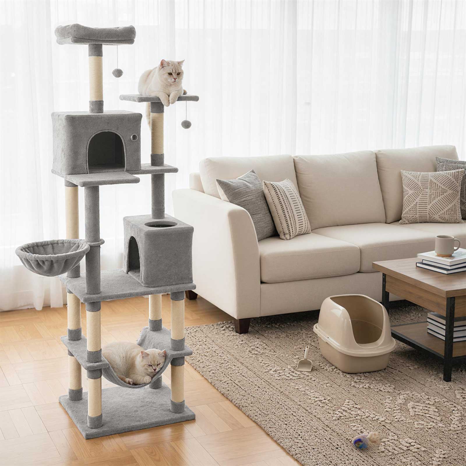 Alt View 1. Gymax - Gymax 80'' Tall Cat Tree w/2 Condos Sisal Scratching Posts Plush Perch Hammock Basket Light Gray.