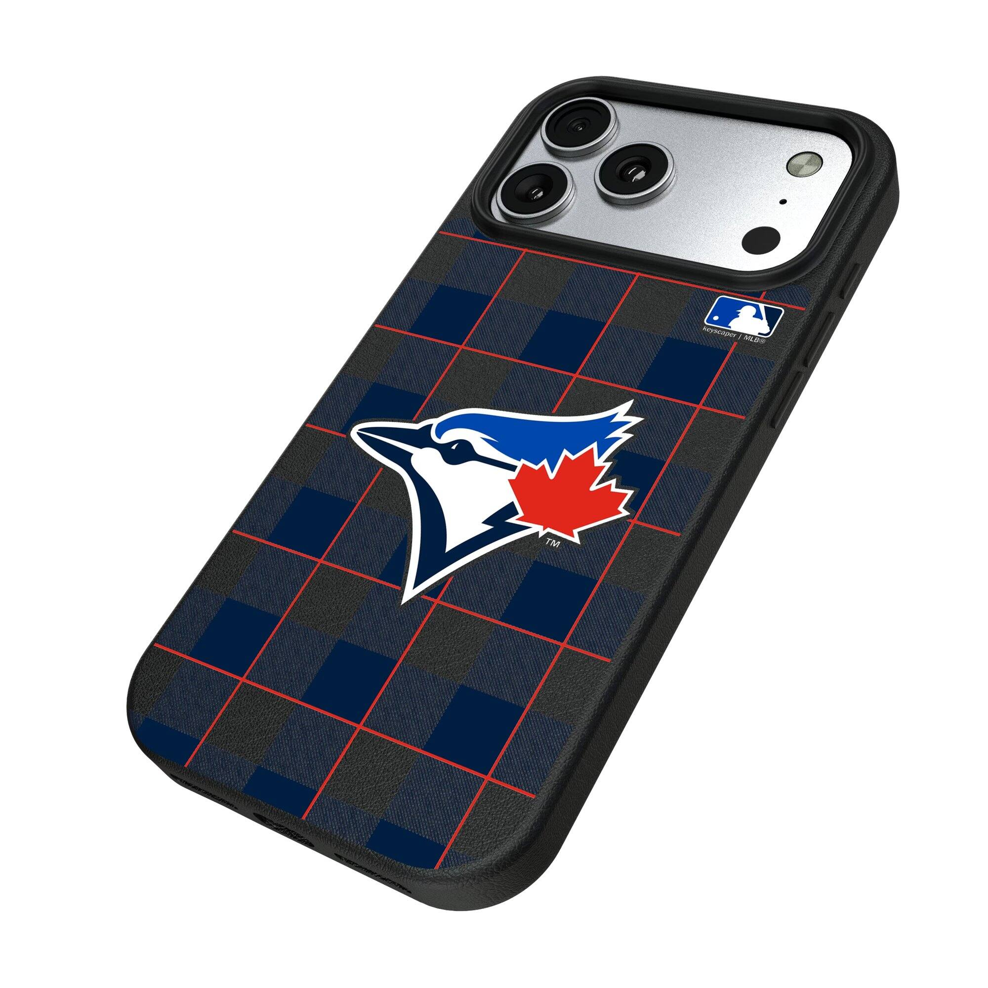 Alt View 1. Keyscaper - Toronto Blue Jays Plaid Magnetic Bump iPhone Case - 15 - Black.