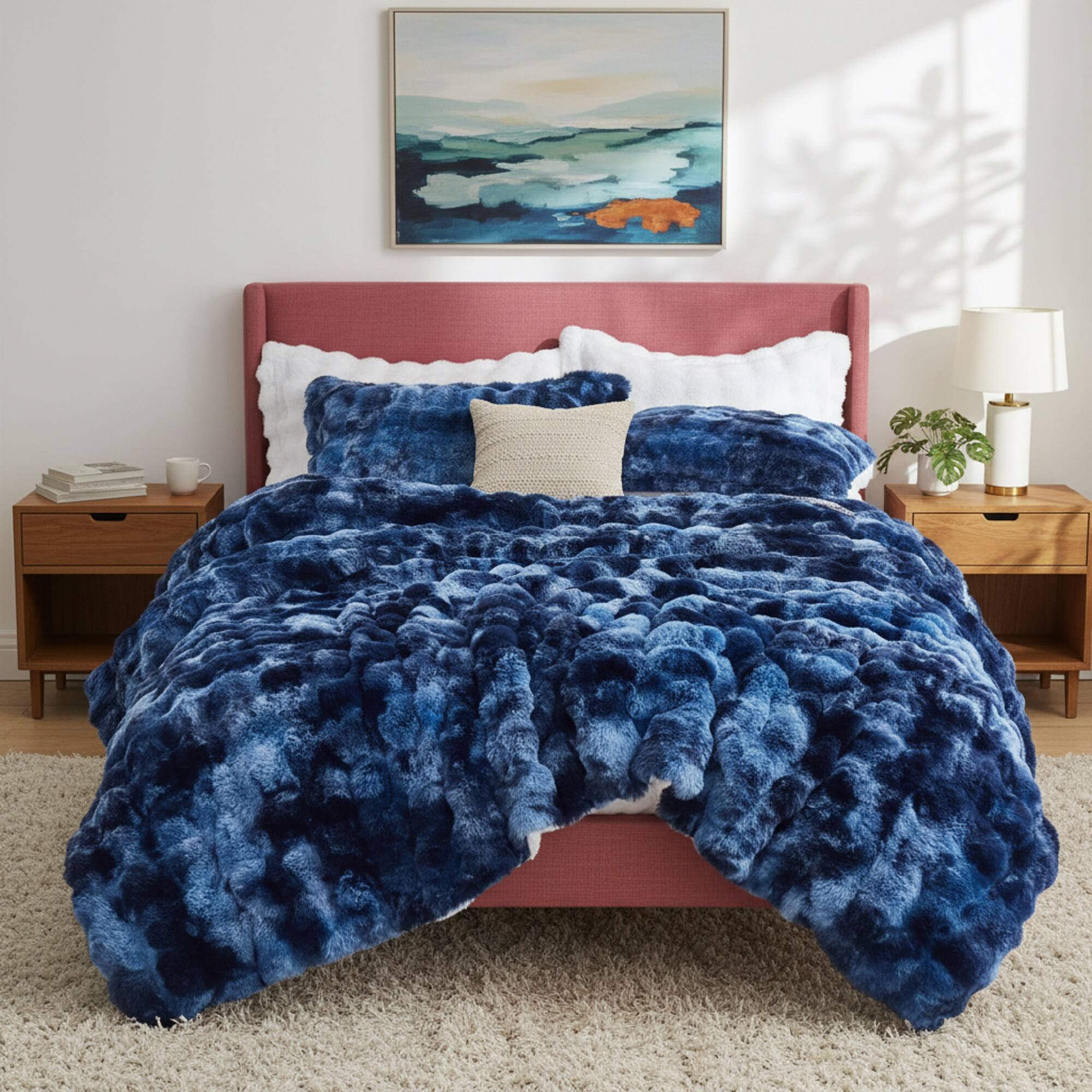 Front. Peace Nest - Peace Nest Ultra-Soft Faux Fur Comforter Set with Plush Tie-Dye & Reversible Sherpa, Dark Blue, Queen - Dark Blue.
