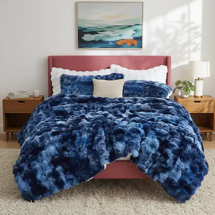 Front. Peace Nest - Peace Nest Ultra-Soft Faux Fur Comforter Set with Plush Tie-Dye & Reversible Sherpa, Dark Blue, Queen - Dark Blue.