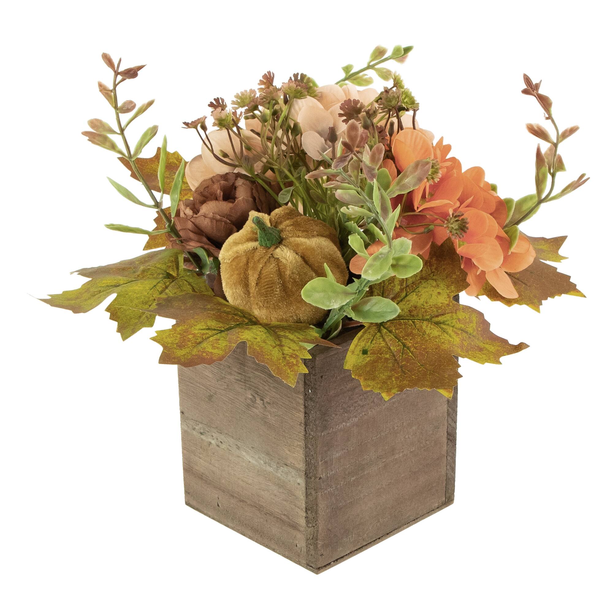 Alt View 7. Northlight - Floral and Pumpkin Wooden Box Fall Harvest Decoration - 10" x 8" - Orange and Brown - Orange.