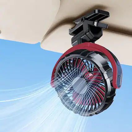 Front. RTMB - Car fan clip on sunvisor fan, 5V USB rechargeable 2000mAh battery-powered - Red + Black.