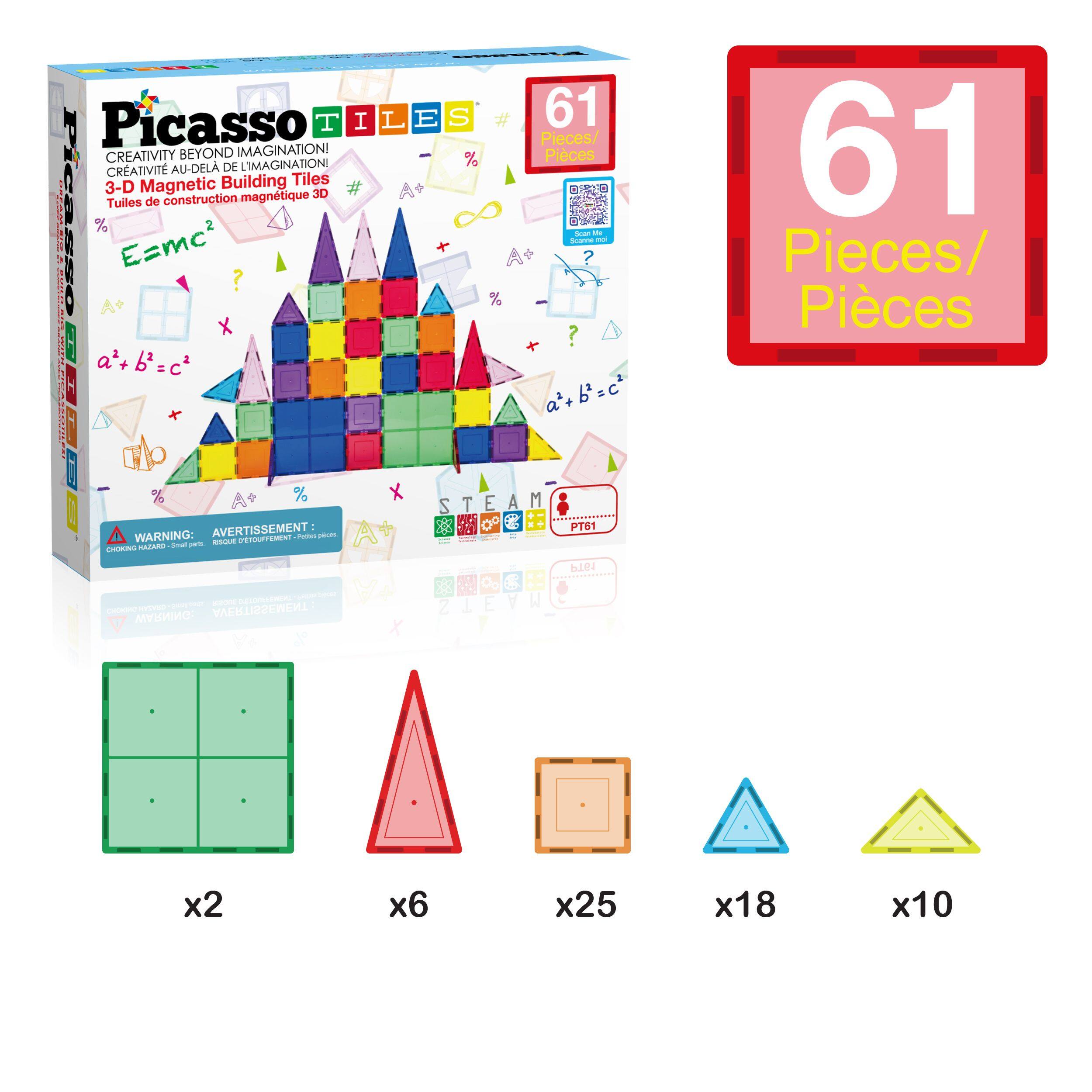 Picasso Tiles CREATIVITY BEYOND IMAGINATION! CRATIVIT AU-DEL DE L'IMAGINATIONI Magnetic Building Tiles 3-D 3D Tuiles de construction magntique YWEW cas5o % E=mc ? | a+b=c2 a'+  a = CEI ! WARNING: AVERTISSEMENT - - - -O PENSTIMNT SALAN - CAA e e e  te OHIAW YACKIRREWEHI NV L E S 61 Pieces/ Pieces -er - Scarme - ? % ? b STEAM 2 T E A M PT61 |  ZIEVWC 61 Pieces/ Pices x2 x6 x25 x18 x10