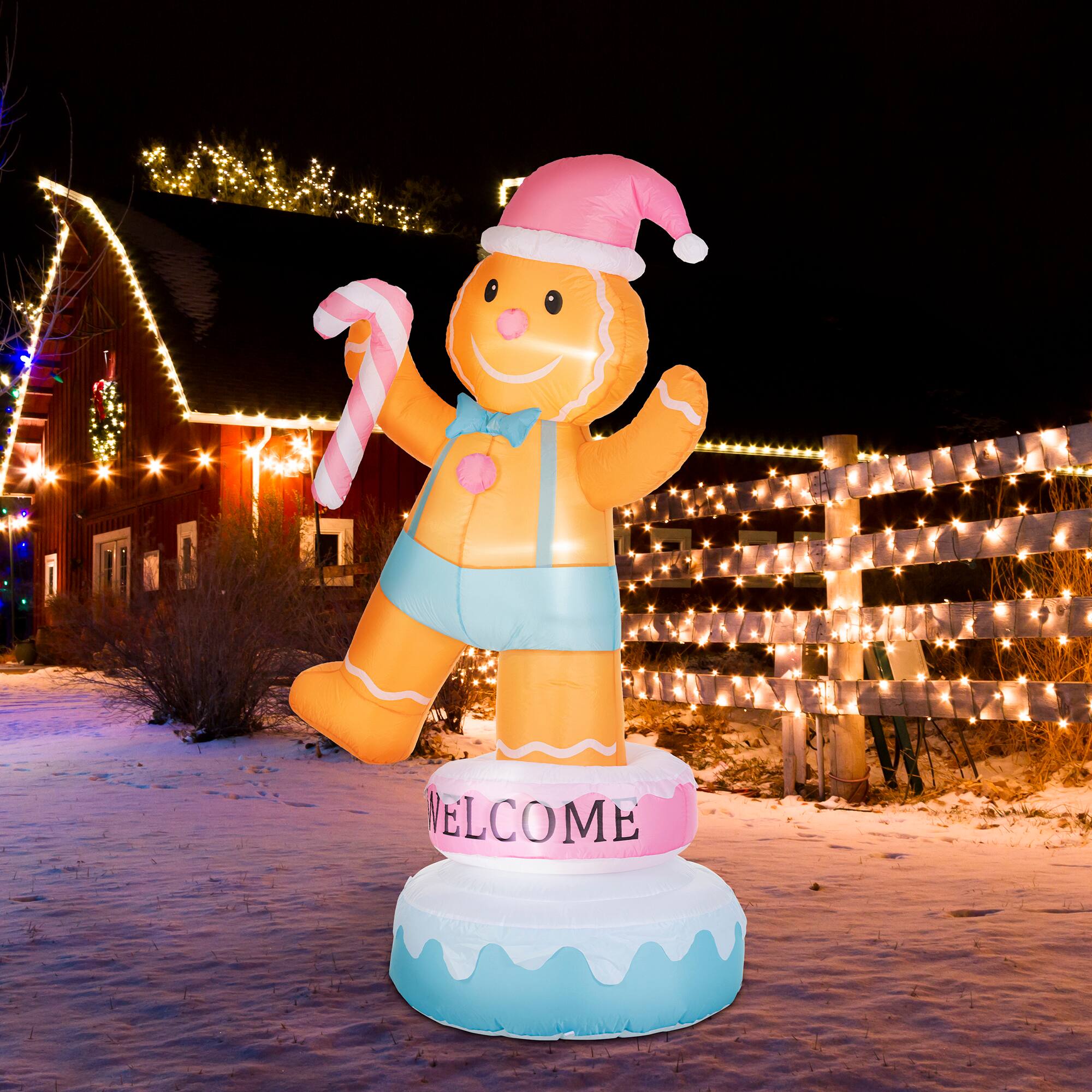 Front. Glitzhome - 6FT Lighted Macaron Inflatable Rotating Gingerbread Man Decor - Multi-Colored.