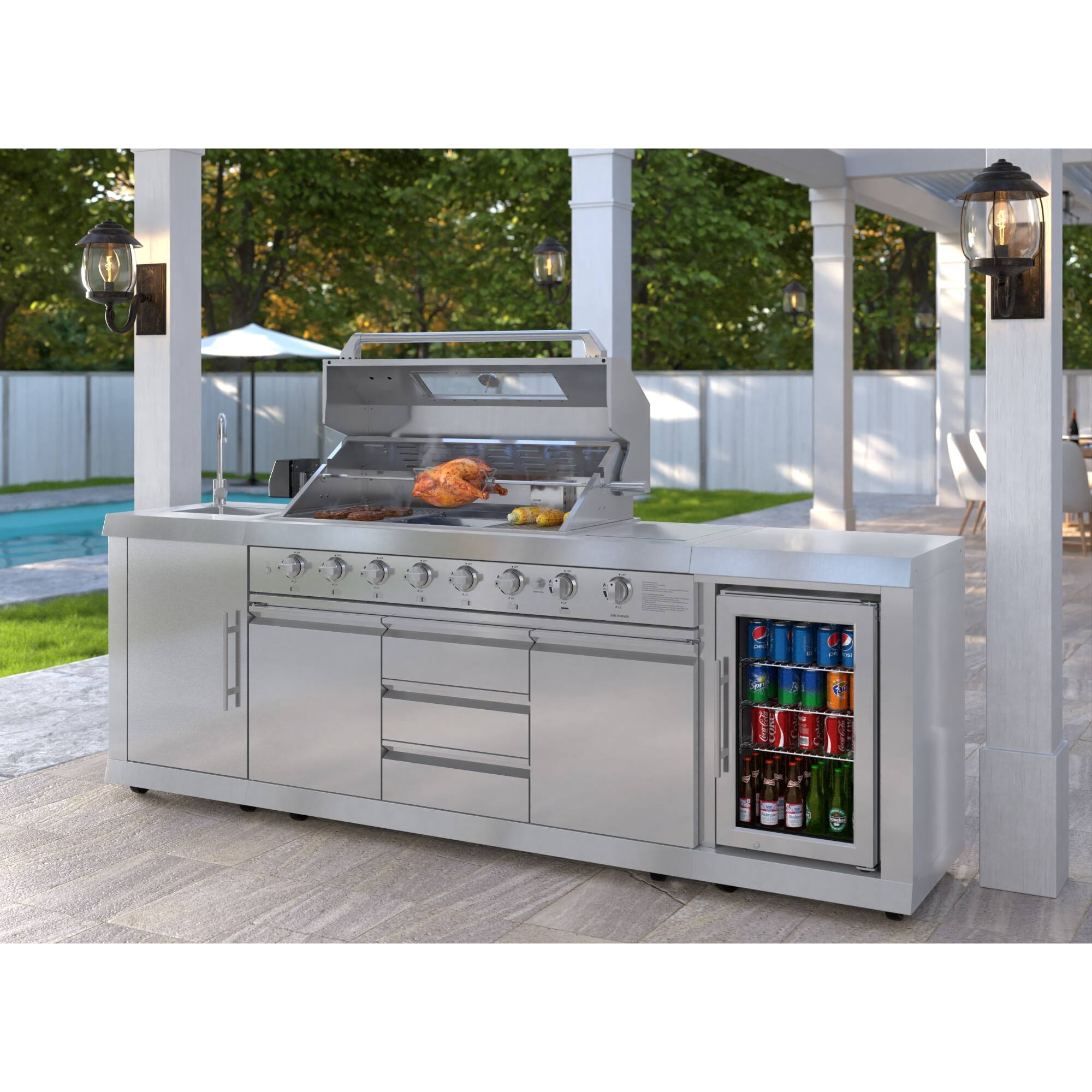 Back. Koolmore - KoolMore Reserve Outdoor Kitchen Island with 6 Burner Grill and Side Burner, Sink, Storage Cabinet and Refrigerator - Stainless Steel.