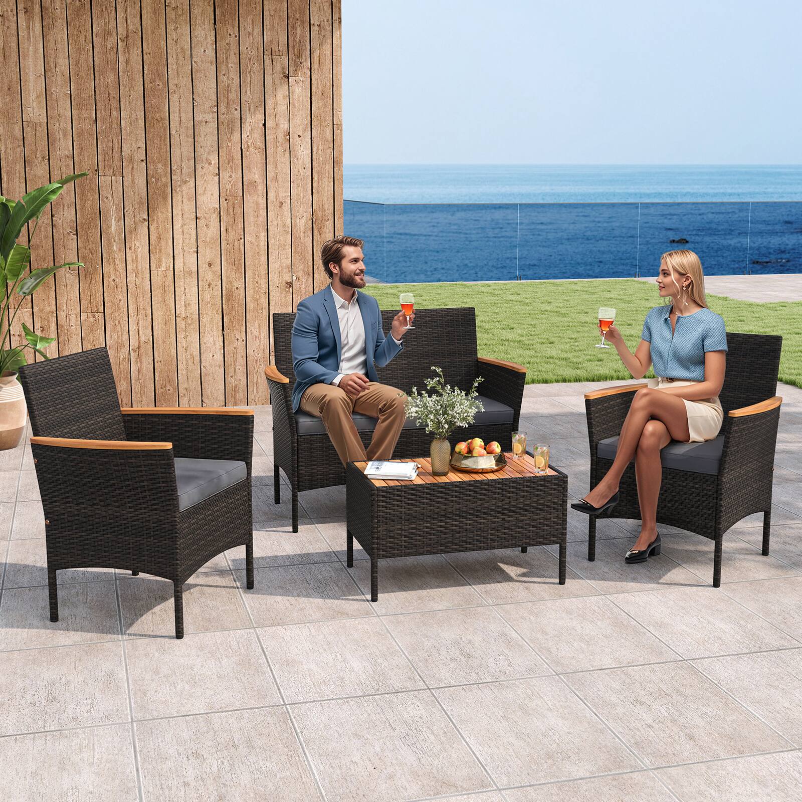 Alt View 9. Gymax - Gymax 8 PCS Patio Wicker Sofa Set w/ Coffee Table Acacia Wood Armrests & Tabletop Mix Brown & Gray - Gray.