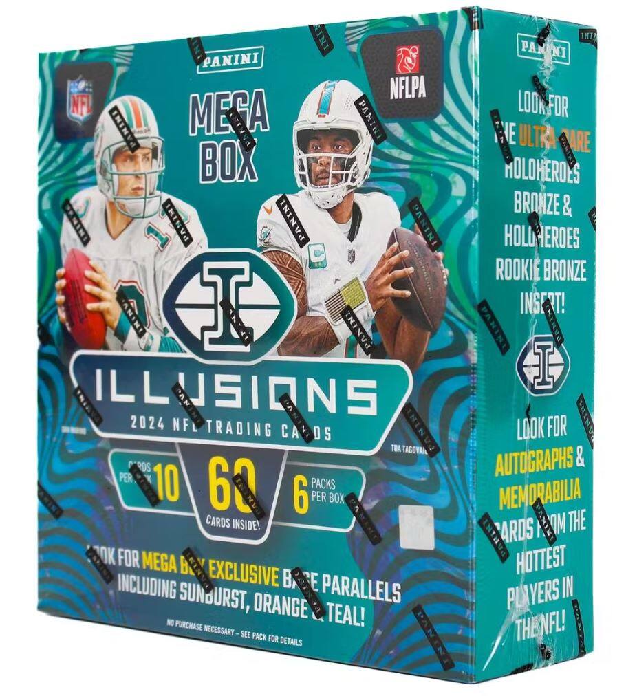 **PANINI ILLUSIONS 2024 NFL TRADING CARDS**

**MEGA BOX**

- **10 CARDS PER PACK**
- **6 PACKS PER BOX**
- **60 CARDS INSIDE!**

**LOOK FOR:**
- **Mega Box Exclusive Parallels** including Sunburst, Orange, Teal!
- **Ultra Rare Holo Heroes Bronze & Holo Heroes Rookie Bronze Insert!**
- **Autographs & Memorabilia Cards from the Hottest Players in the NFL!**

**NFLPA**

**NO PURCHASE NECESSARY - SEE PACK FOR DETAILS**

**Panini**