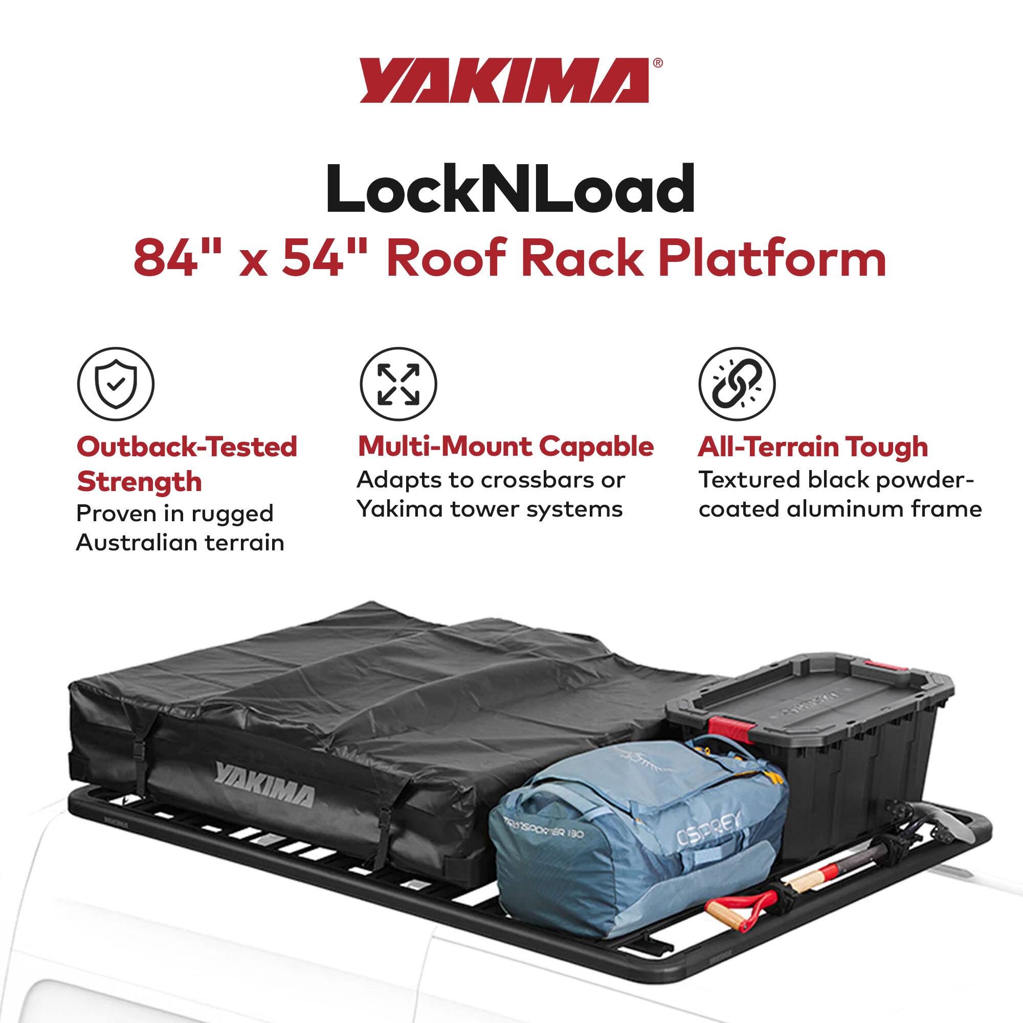 YAKIMA LockNLoad  
84" x 54" Roof Rack Platform  

- Outback-Tested Strength  
  Proven in rugged Australian terrain  

- Multi-Mount Capable  
  Adapts to crossbars or Yakima tower systems  

- All-Terrain Tough  
  Textured black powder-coated aluminum frame  

YAKIMA RC0PE0 90 CSPREY