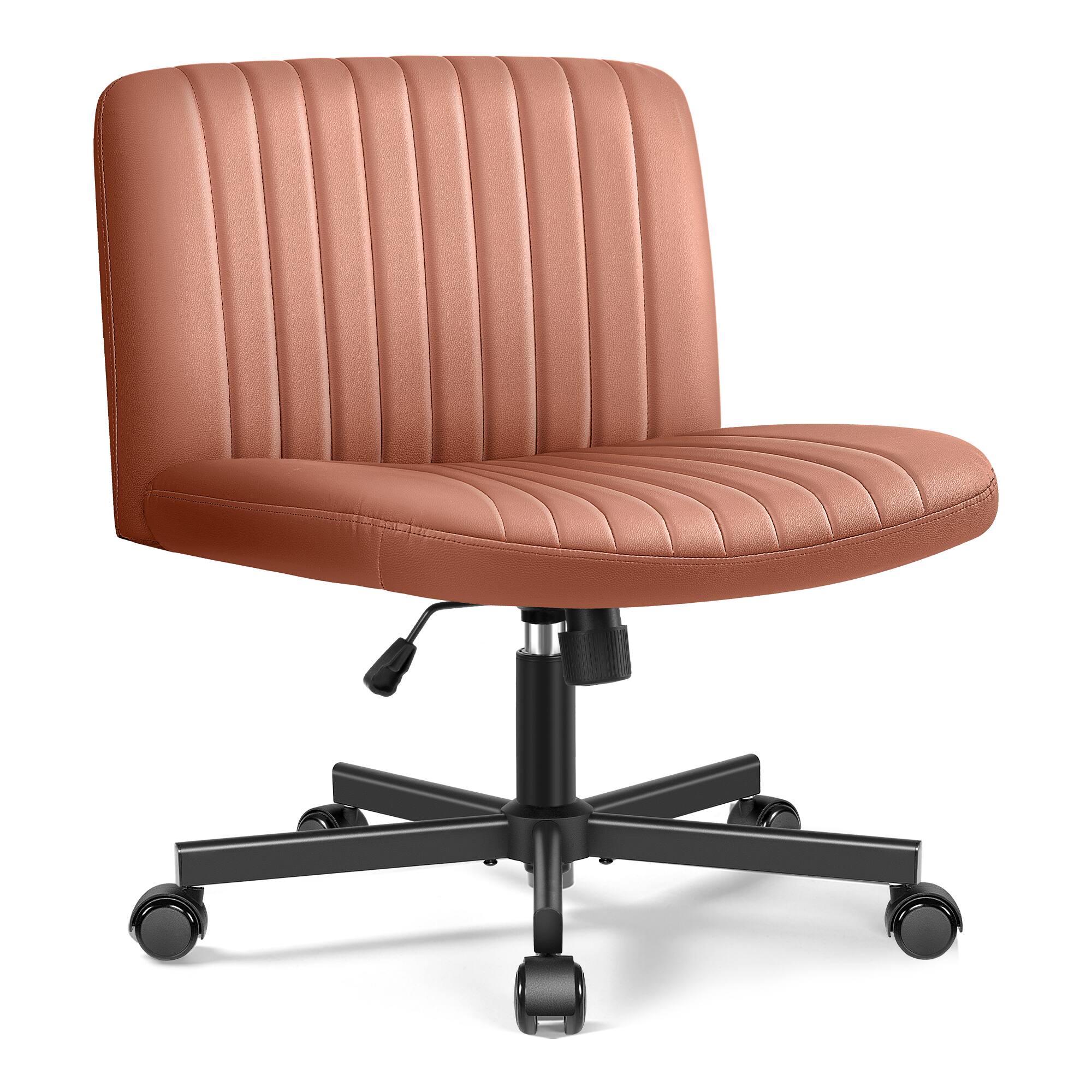 Alt View 4. KERDOM - Armless Wide Seat PU leather Vanity Chair with Wheels, Mid Back Swivel Cross Legged Office Chair, Height Adjustable - Brown.