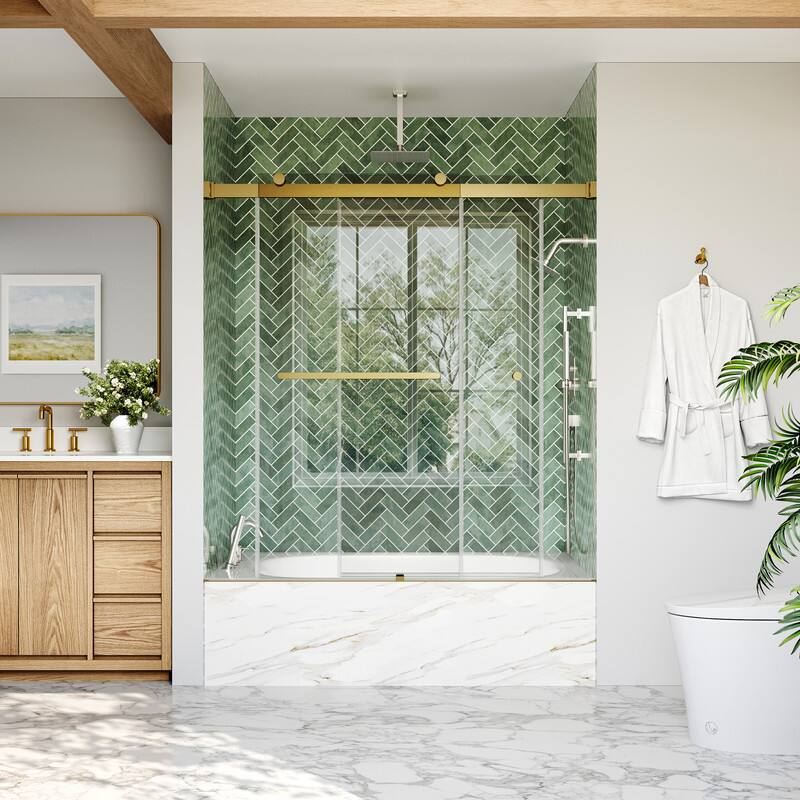 Left. WELLFOR - 56-60 in W x 62 in H Double Sliding Frameless Shower Door with 1/4 in. Clear SGCC Tempered Glass - Brushed Gold.
