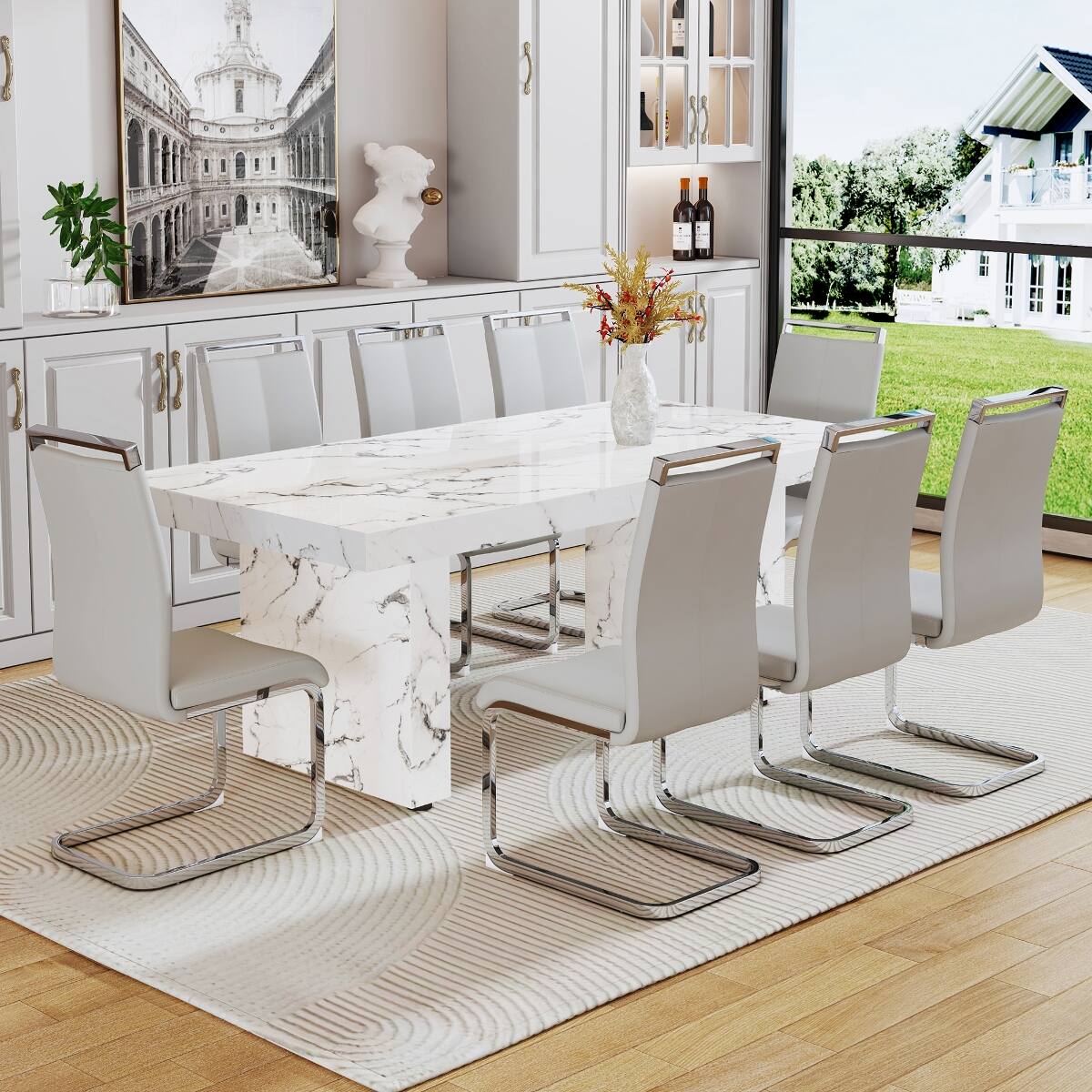 Alt View 8. Loheer - Loheer White Marble Pattern MDF Dining Table for 8 to 10 People - White.