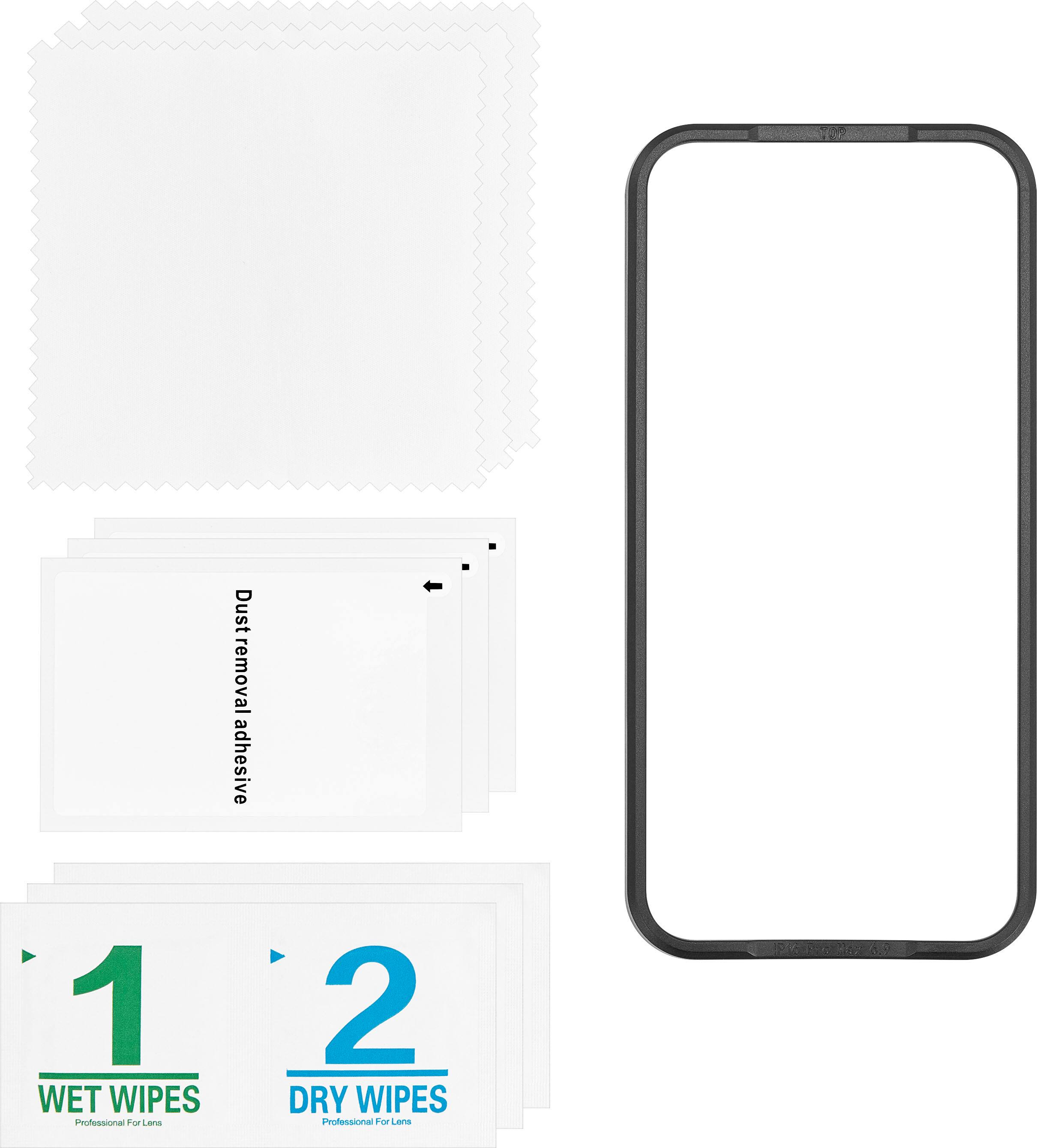 The image shows a variety of items, including a dust removal adhesive, wet wipes, and dry wipes. There is also a black case and a white case with the dust removal adhesive. The items are arranged in a way that highlights their different functions and purposes.