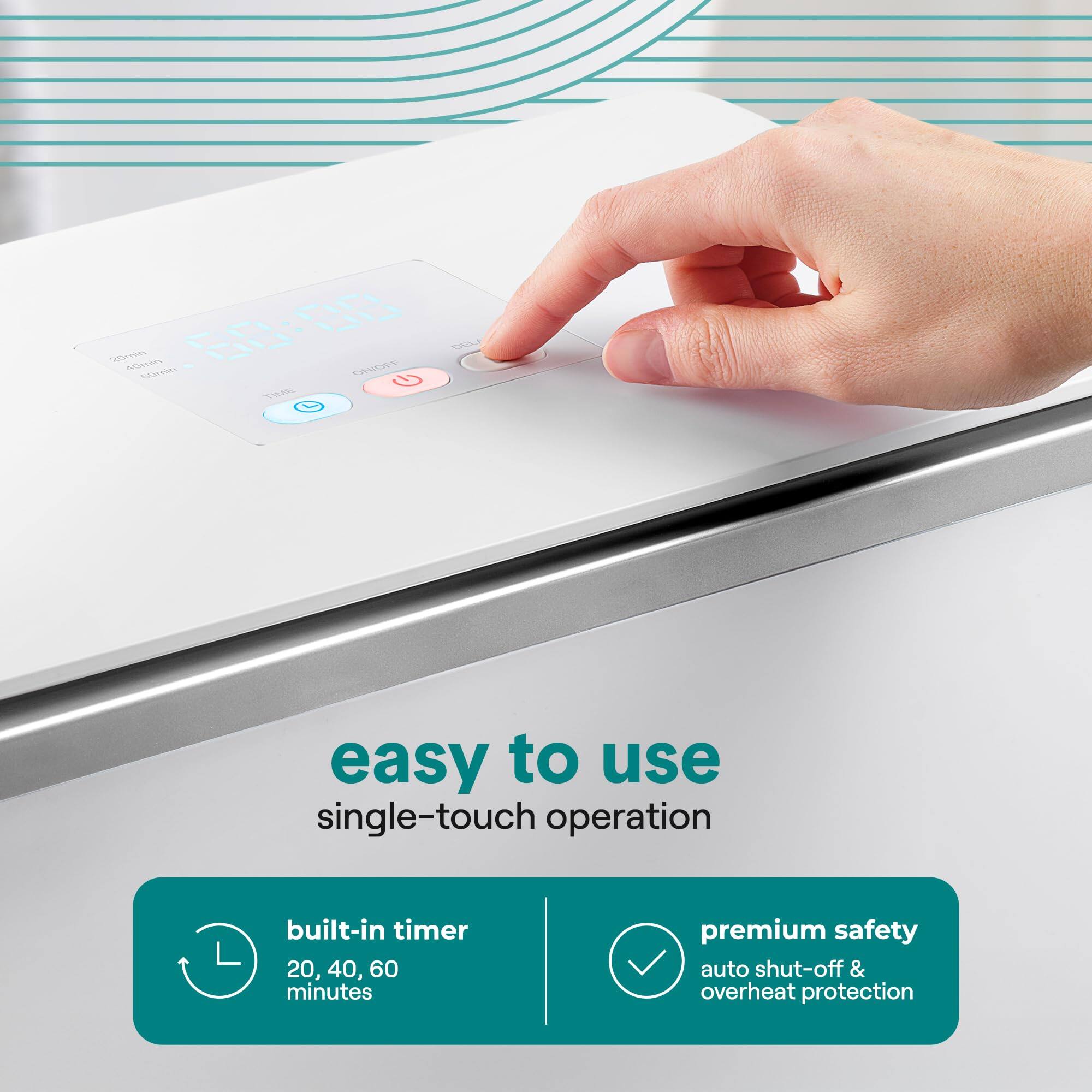 "i | no OW A easy to use single-touch operation built-in timer 20, 40, 60 minutes premium safety auto shut-off & overheat protection"