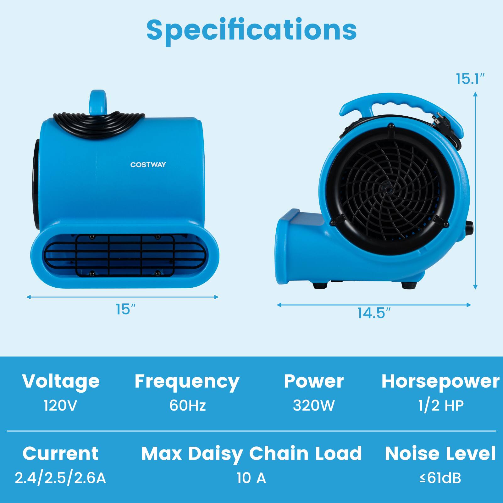 Specifications

- Dimensions: 15.1" x 15" x 14.5"
- Voltage: 120V
- Frequency: 60Hz
- Power: 320W
- Horsepower: 1/2 HP
- Current: 2.4/2.5/2.6A
- Max Daisy Chain Load: 10 A
- Noise Level: ≤61dB