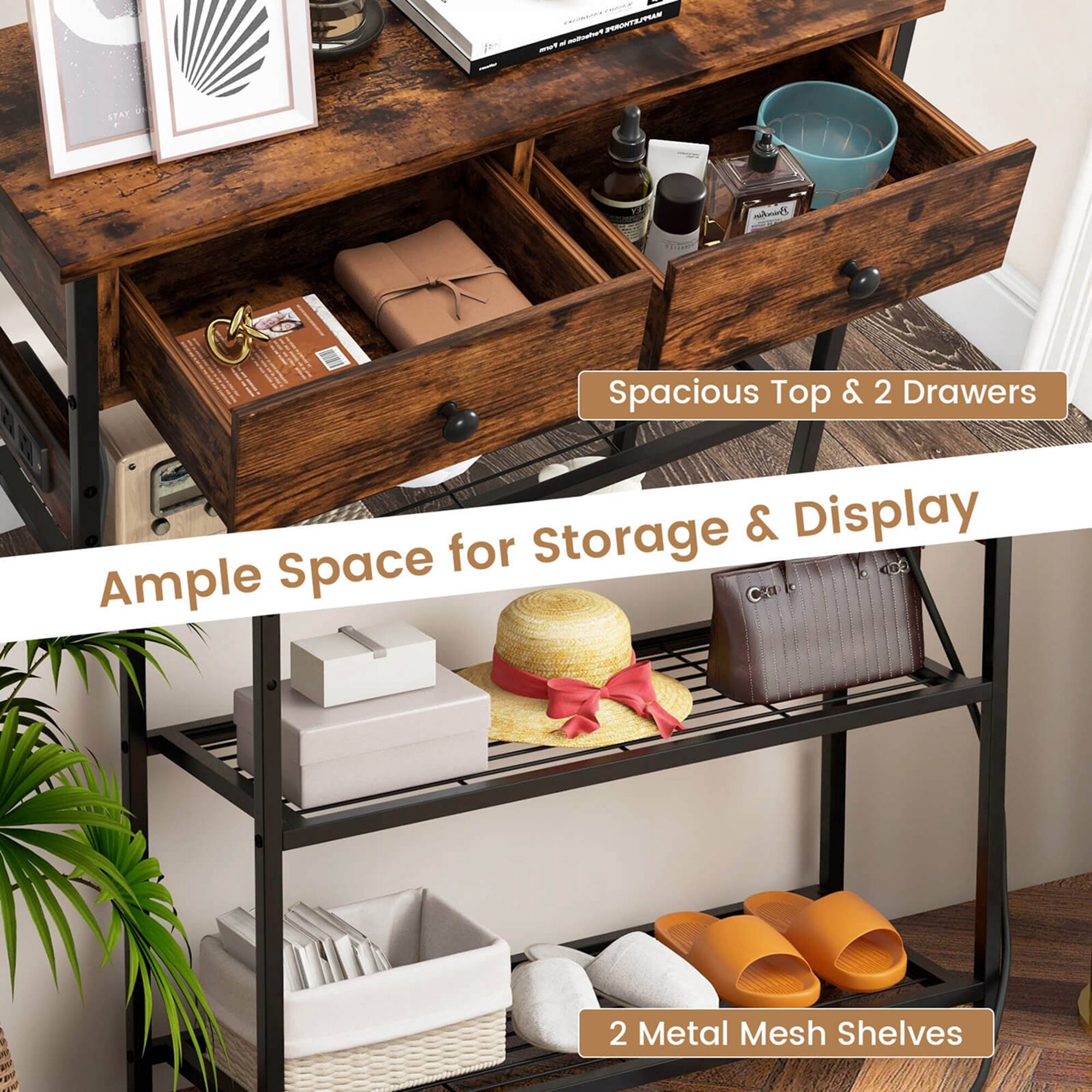 The text on the image reads: "Ample Space for Storage & Display - Spacious Top & 2 Drawers - 2 Metal Mesh Shelves."
