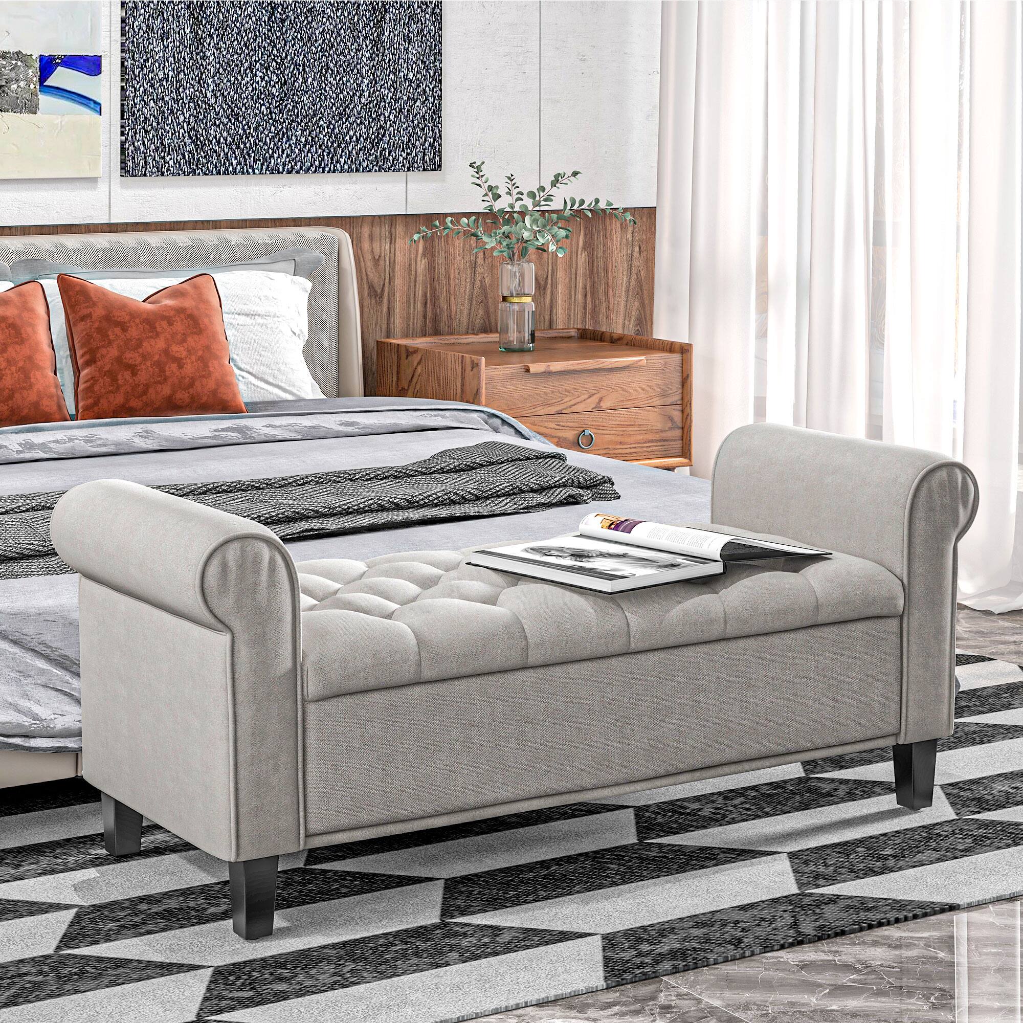 Alt View 1. Homcom - 50"  Ottoman Bench: Rolled Arms Button-Tufted Storage Safety Hinges Living Room - Cream White.