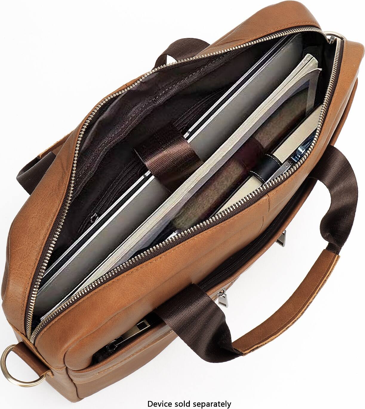 The image shows a brown leather bag with a zippered pocket. Inside the pocket, there is a laptop and a book. The text on the image reads "device sold separately," which indicates that the device, in this case, the laptop, is not included in the bag and needs to be purchased separately.