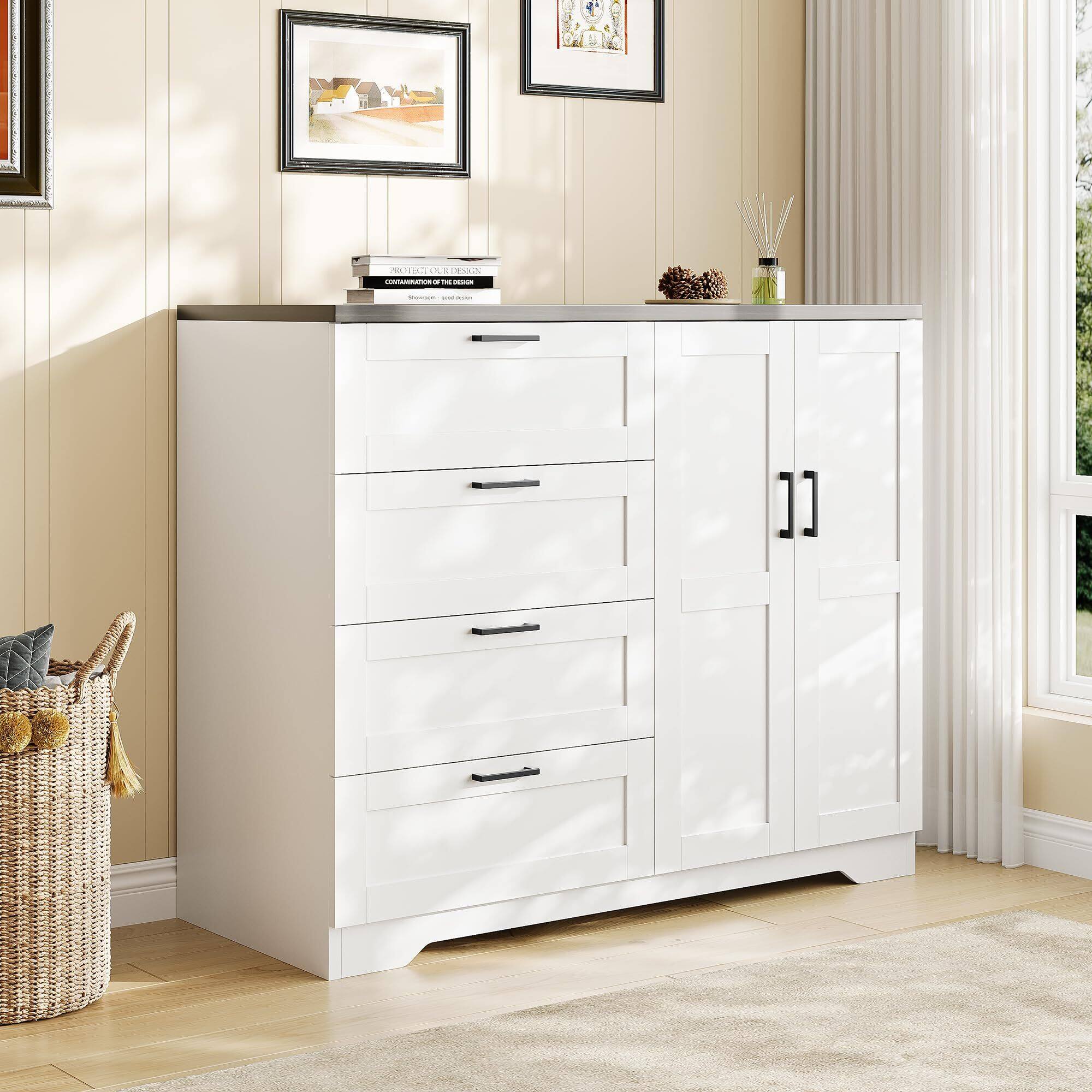 Front. GARVEE - Wood Armoire Wardrobe Closet Cabinet with 4 Drawers 2 Doors and Hanging Rod White - White.