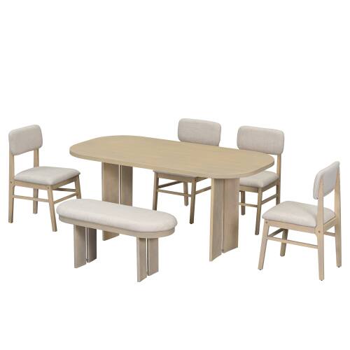 Alt View 2. LUCKY ONE - 6-Piece Farmhouse Dining Set with 65.25" Rectangular Dining Table, Bench and 4 Upholstered Chairs - Natural.